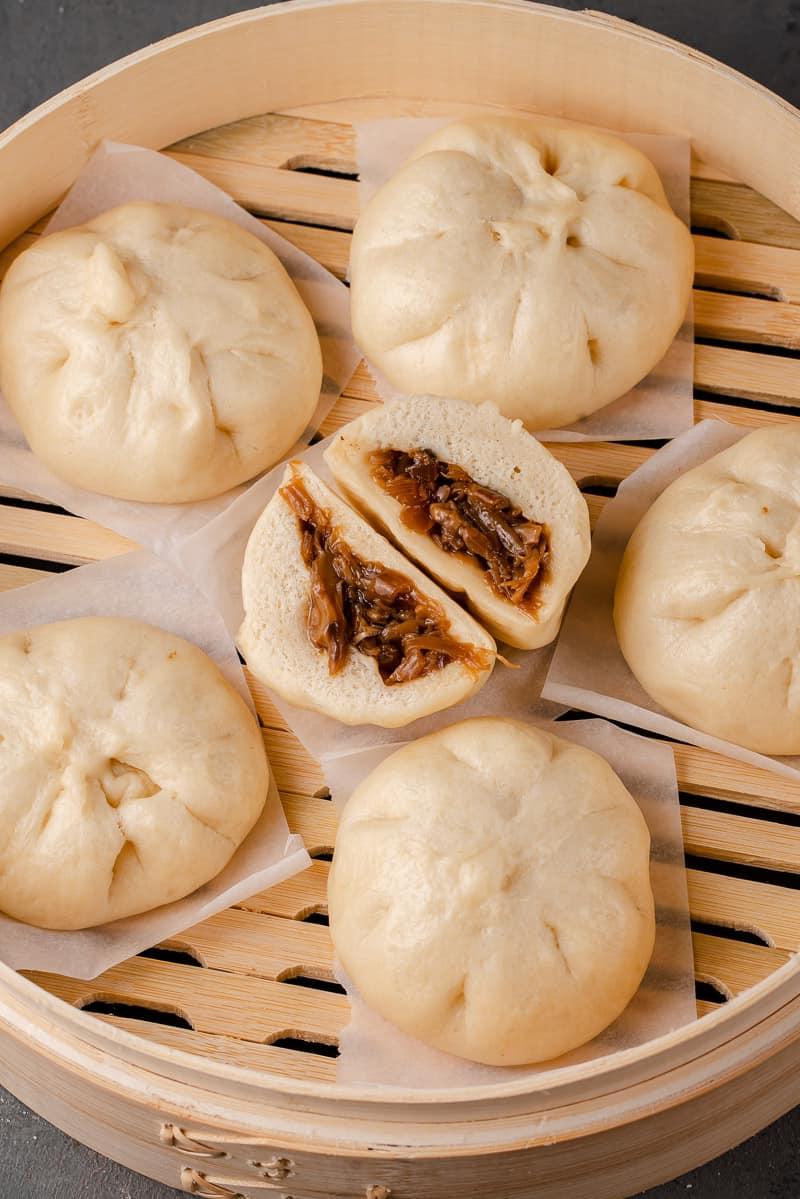cooked siopao in steamer