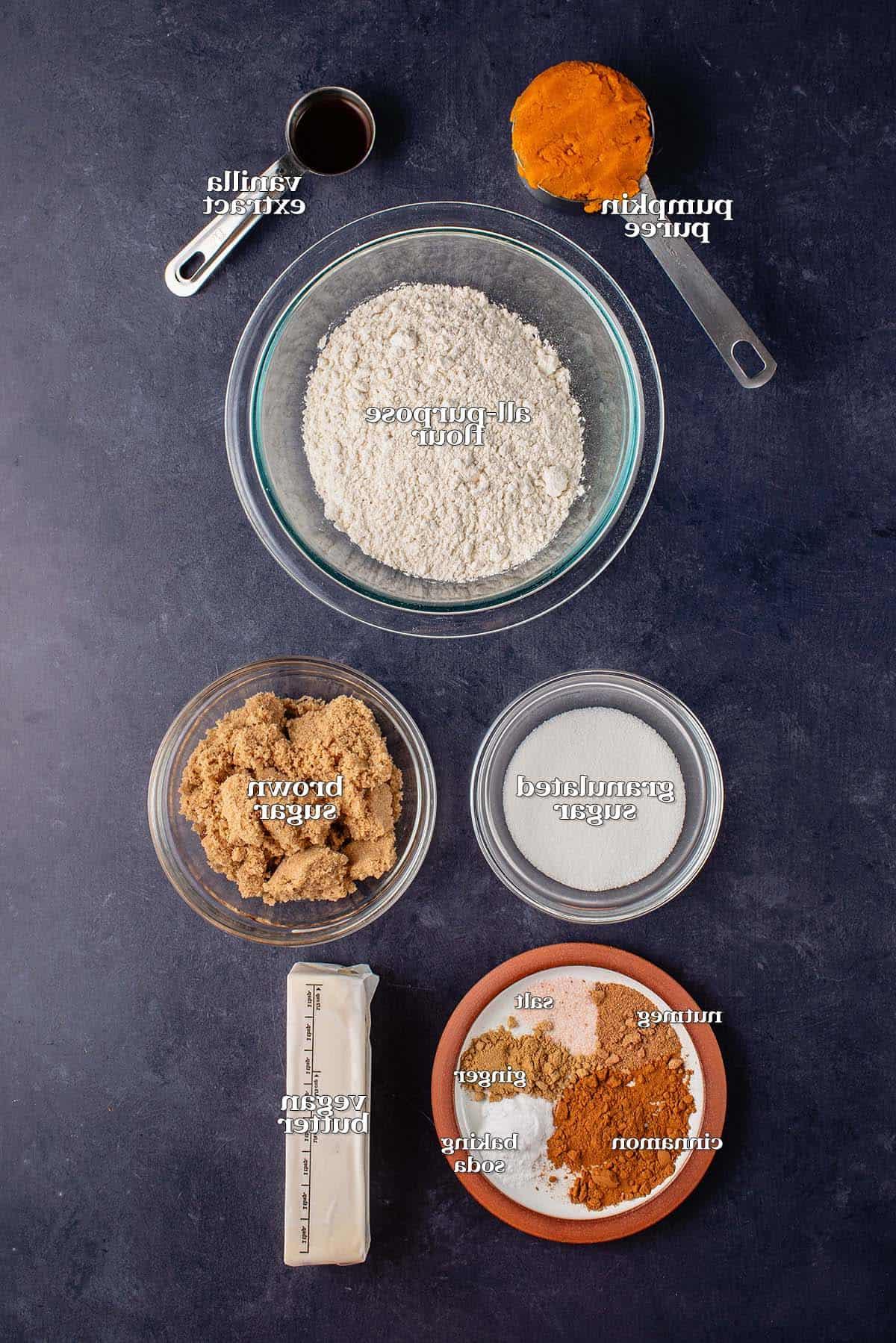 ingredients: all purpose flour, salt, pumpkin puree, vegan butter, granulated sugar, brown sugar, vanilla extract, spices, and baking soda