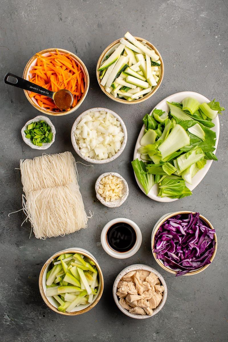 overhead image of ingredients for pancit