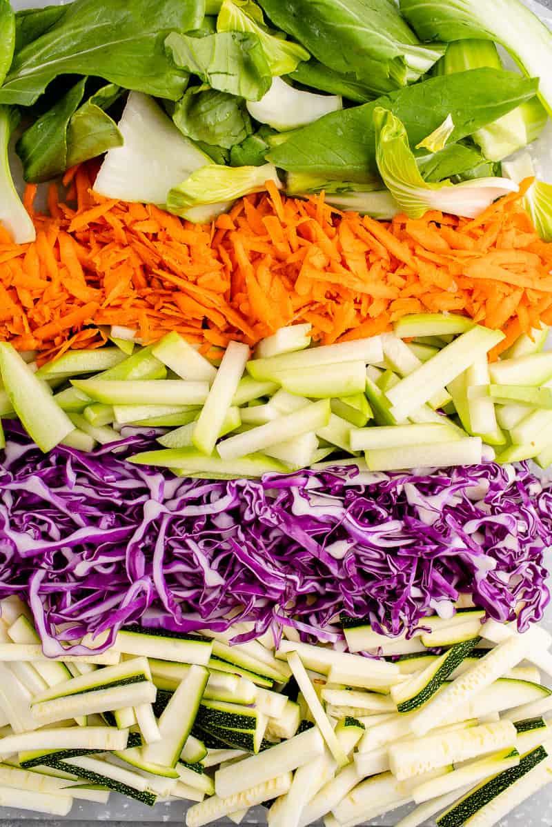overhead image of freshly chopped veggies for filipino pancit bihon