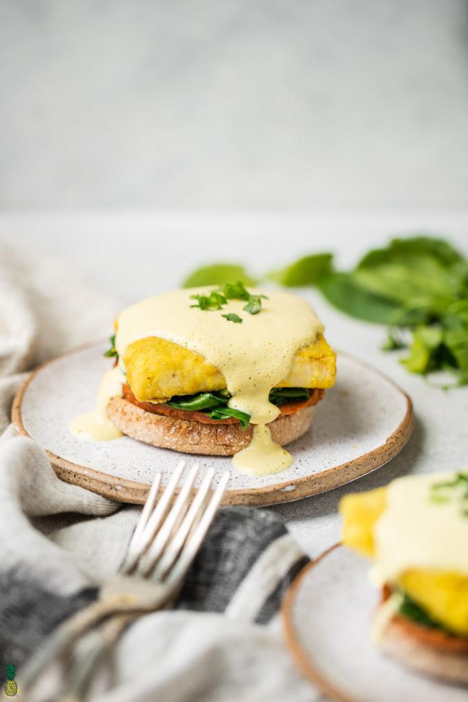 Vegan Eggs Benedict Close Up Shot with Hollandaise