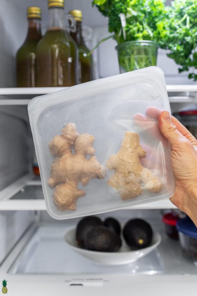 Ginger in a reusable bag in the refrigerator, sweet simple vegan