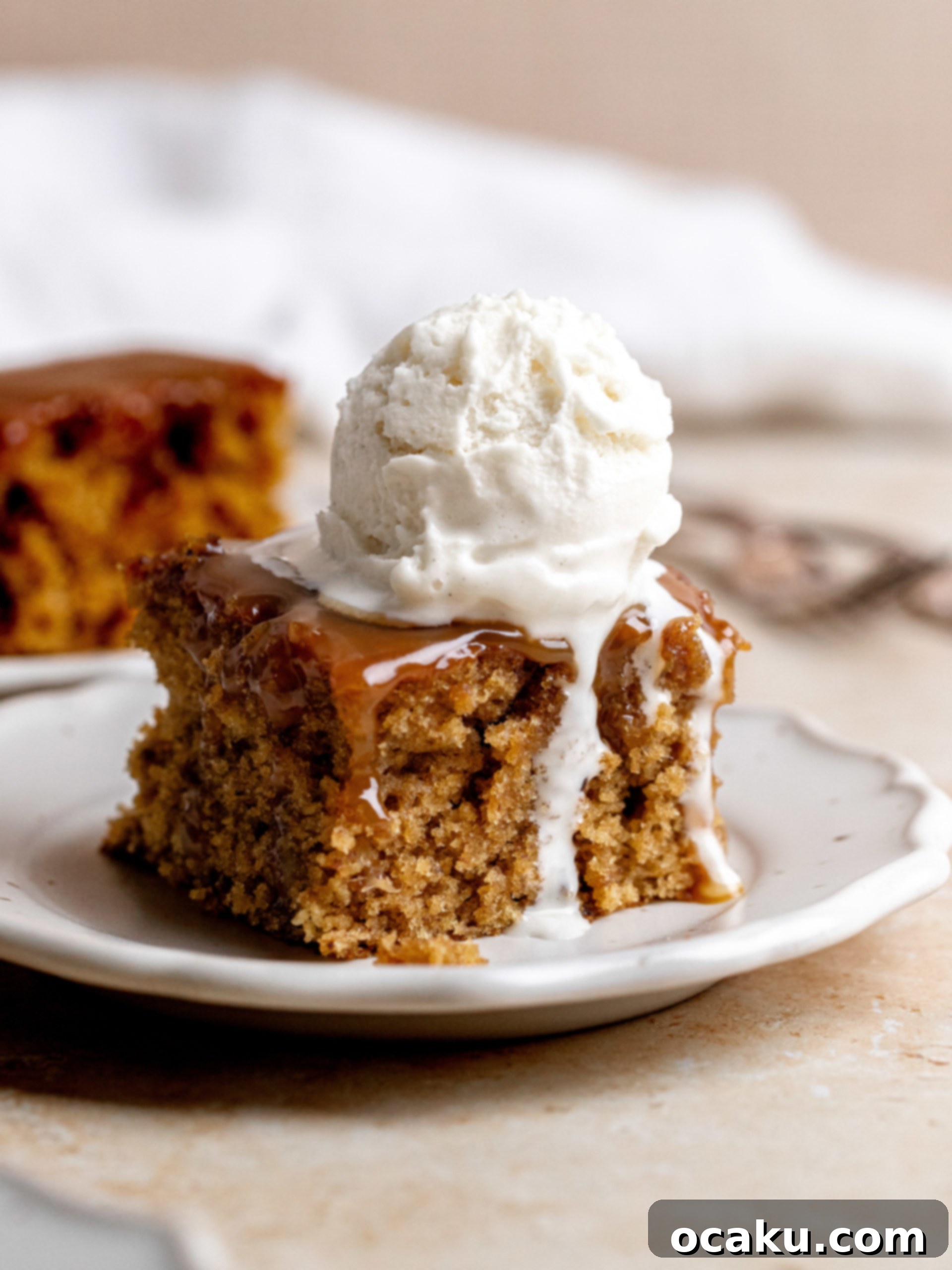 Close-up of Sticky Toffee Pudding with toffee sauce
