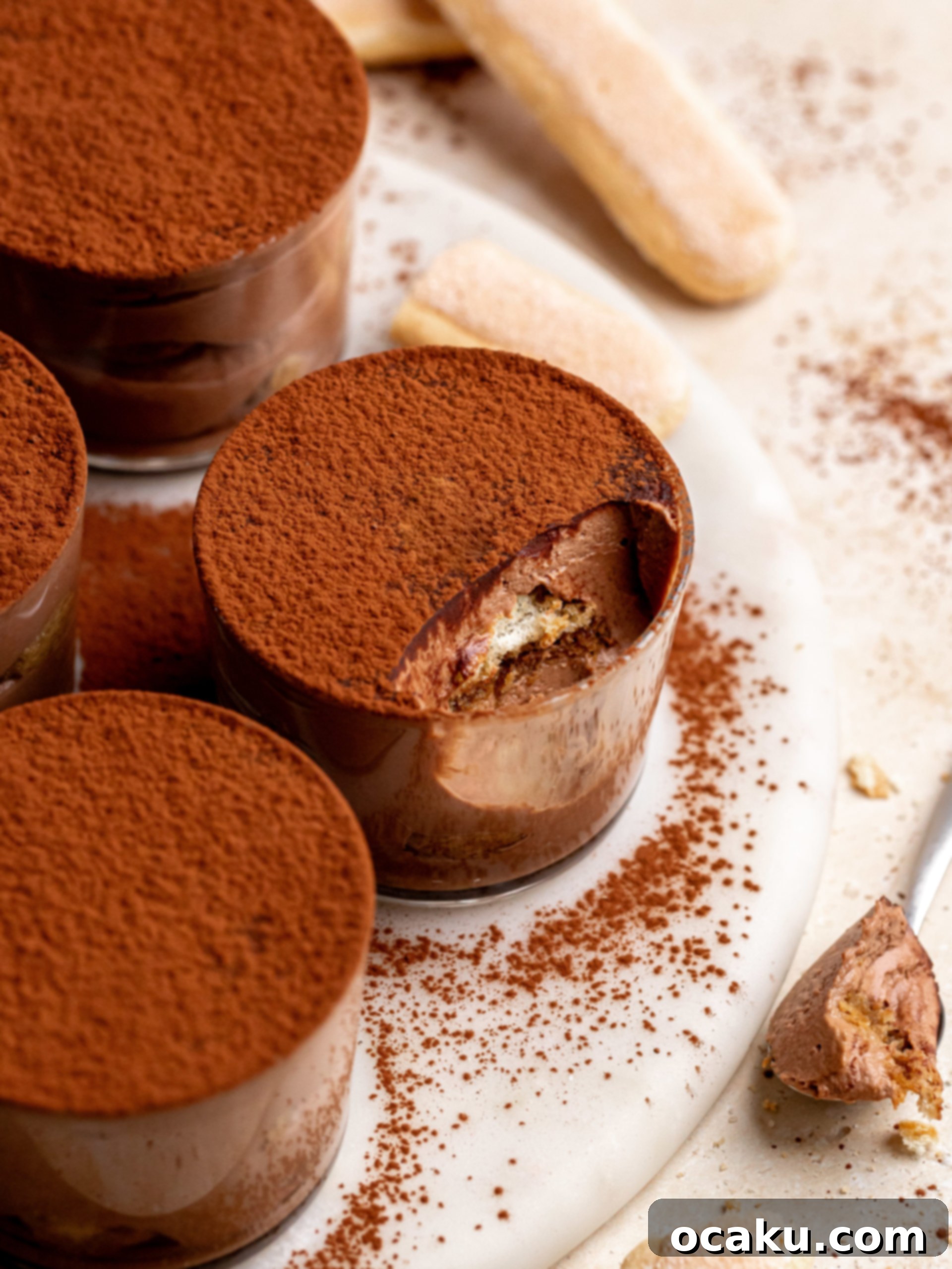 A perfectly layered chocolate tiramisu cup, showcasing the rich cream and coffee-soaked ladyfingers.