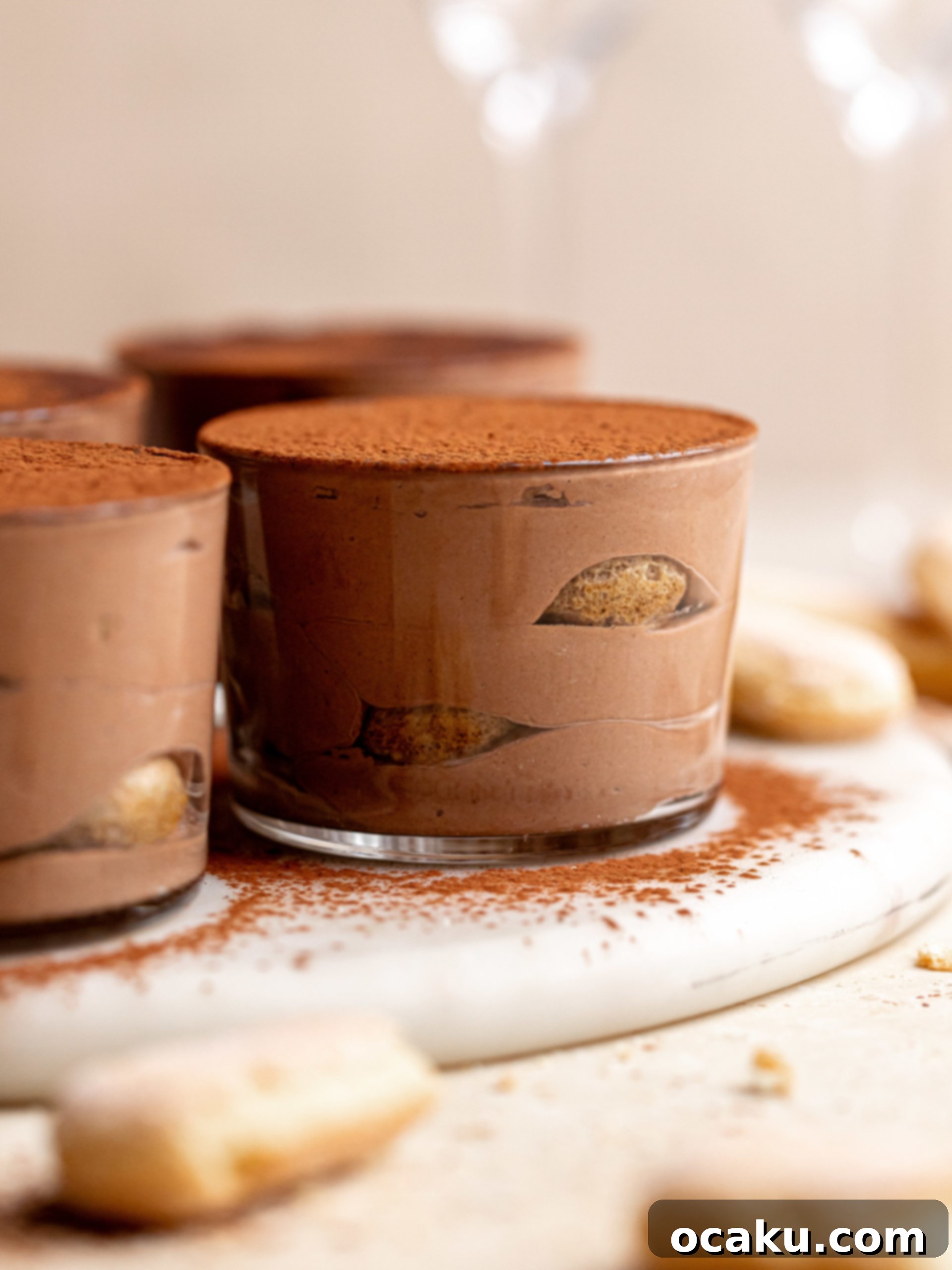 Two chocolate tiramisu cups, viewed from the top, garnished with cocoa powder.
