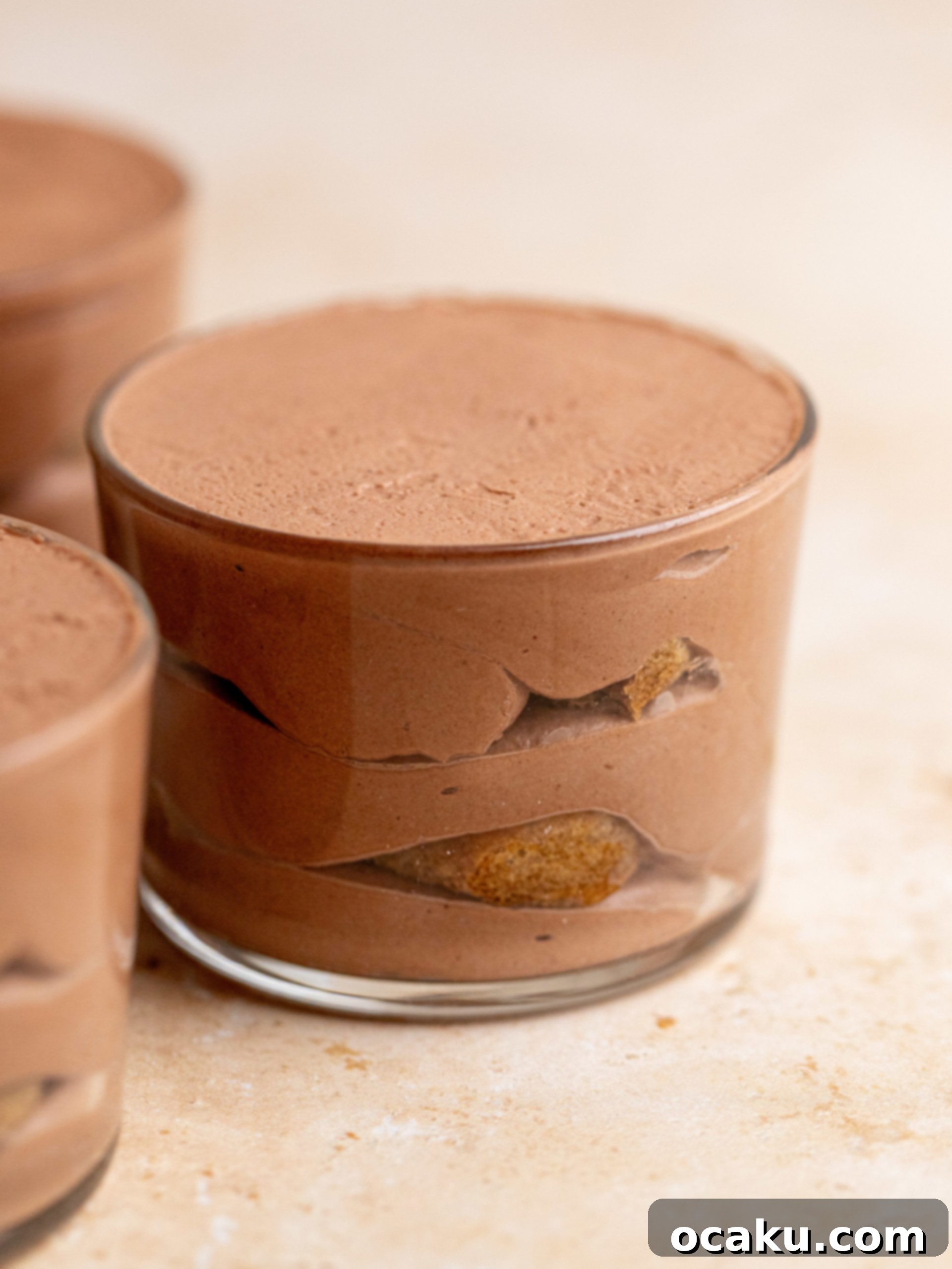 A top-down view of a chocolate tiramisu cup, garnished with cocoa.