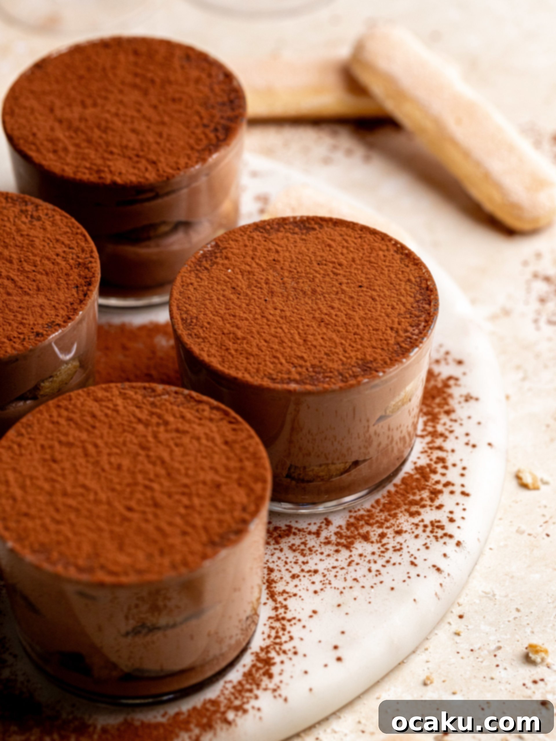 A close-up of a chocolate tiramisu cup, showing the layers and creamy texture.