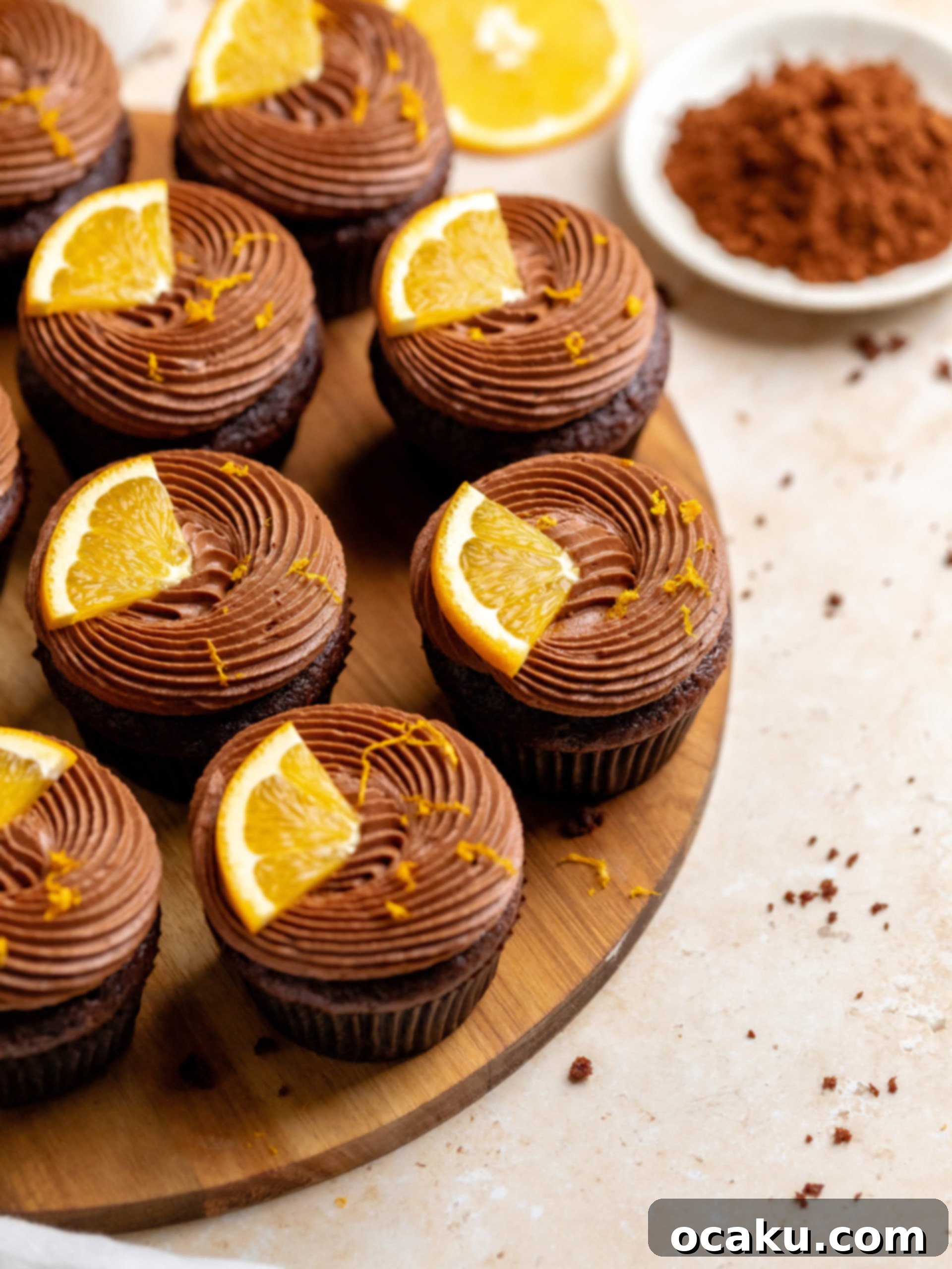 Two perfectly frosted chocolate orange cupcakes with orange slices on top.