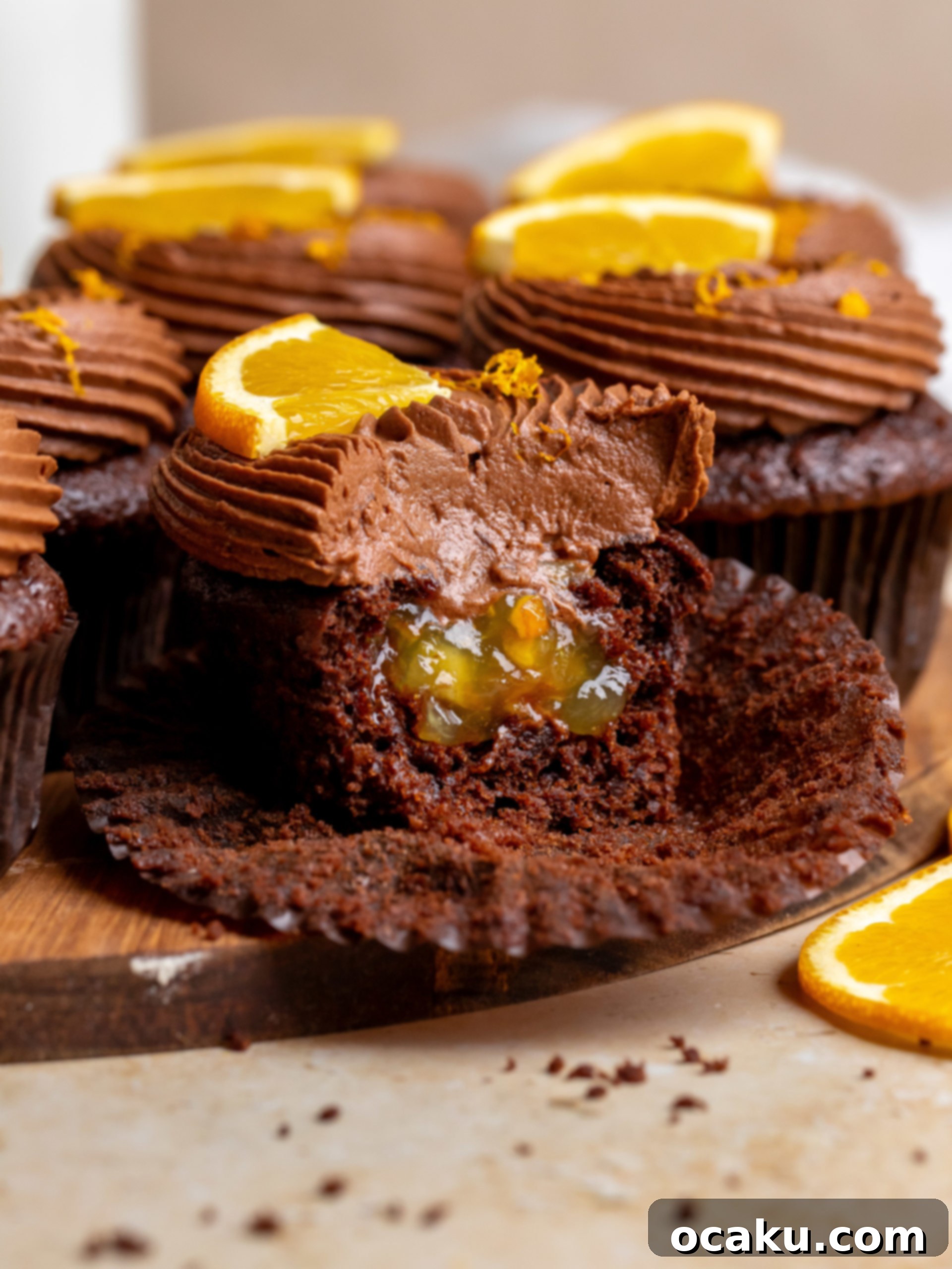 An array of beautifully decorated chocolate orange cupcakes ready to be served.