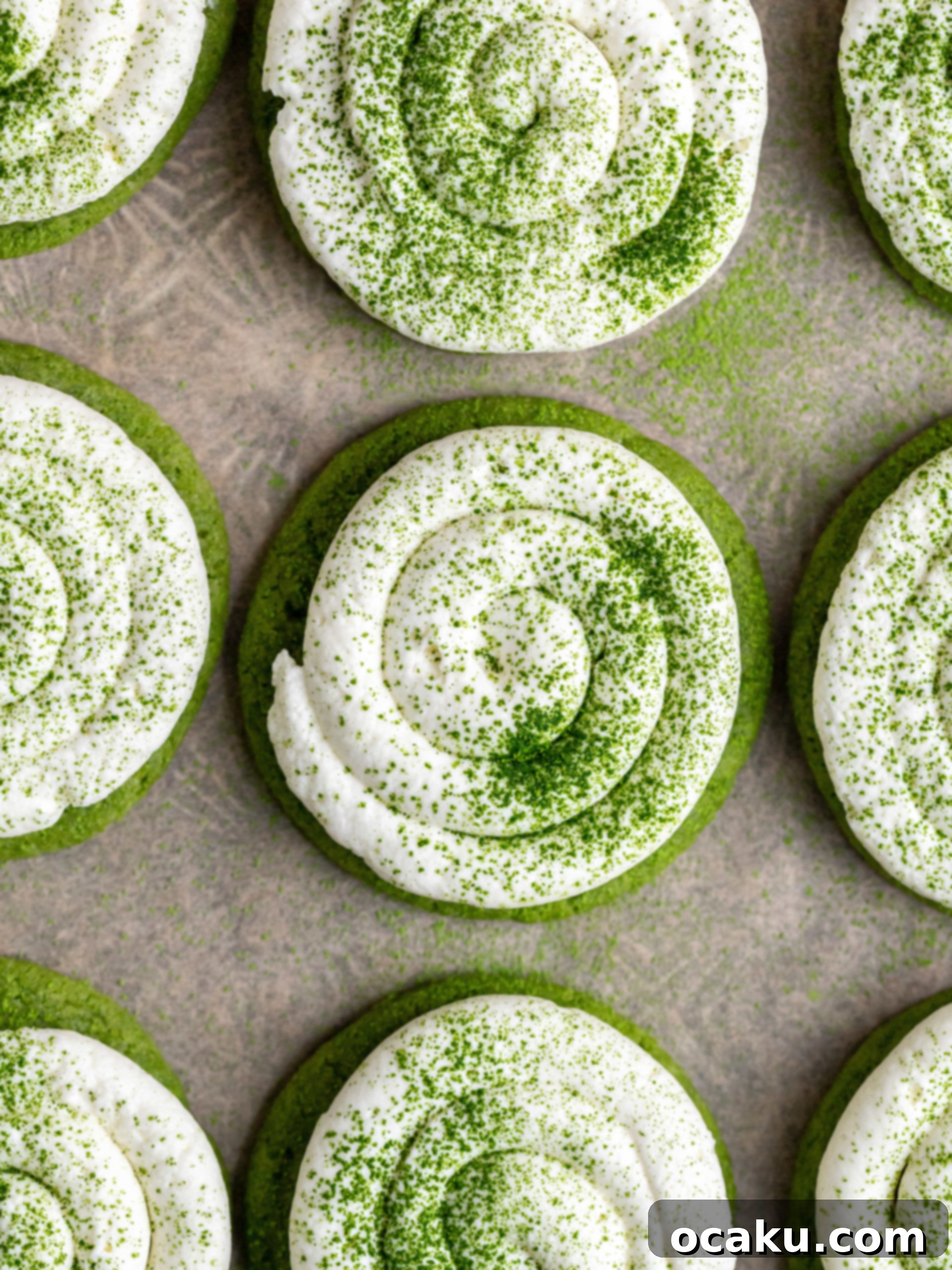 Creamy Matcha Latte Cookies 7 Stack of matcha latte cookies on a wooden board, ready to be enjoyed.