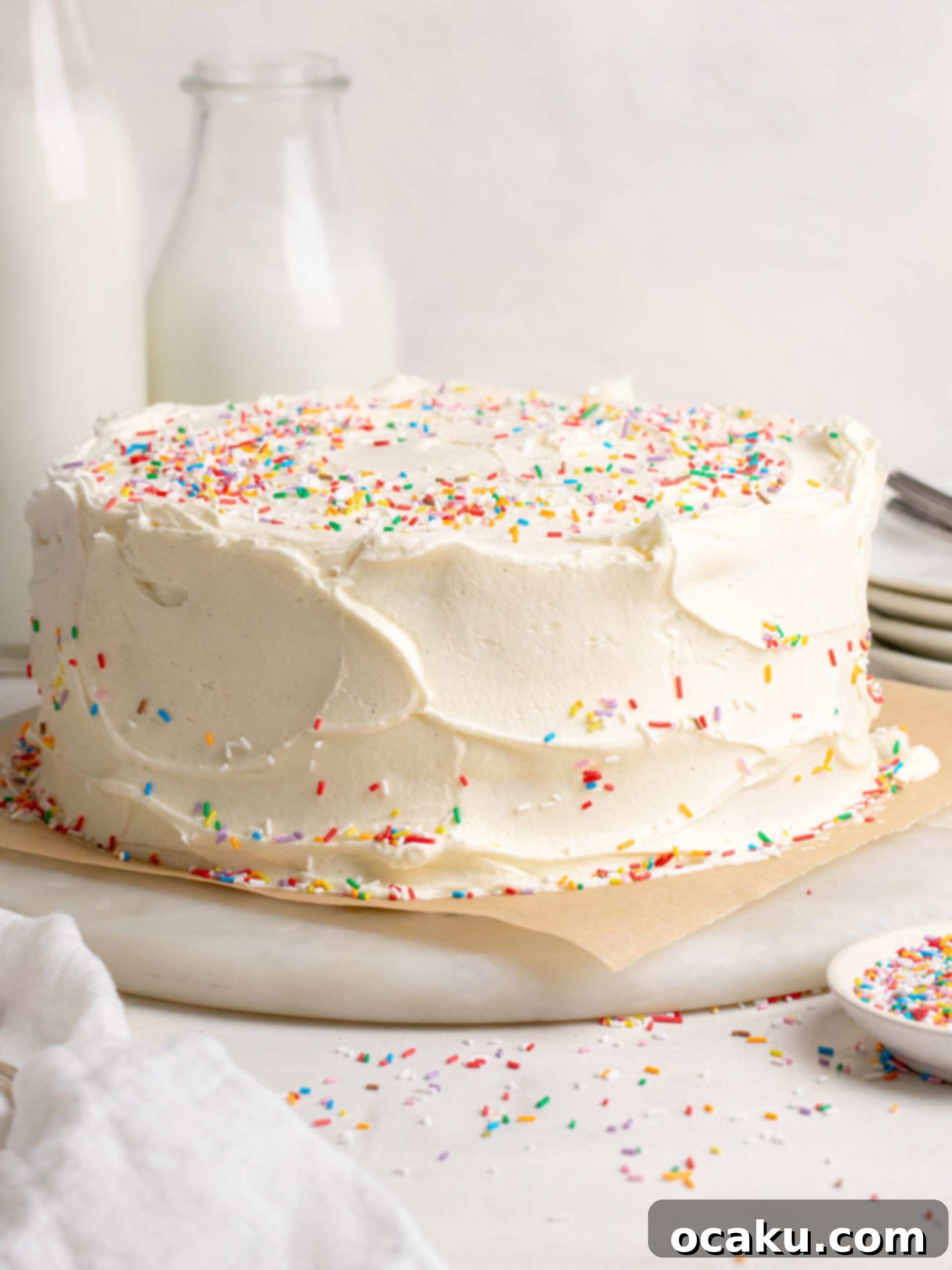 A beautifully decorated two-layer classic vanilla birthday cake with sprinkles.