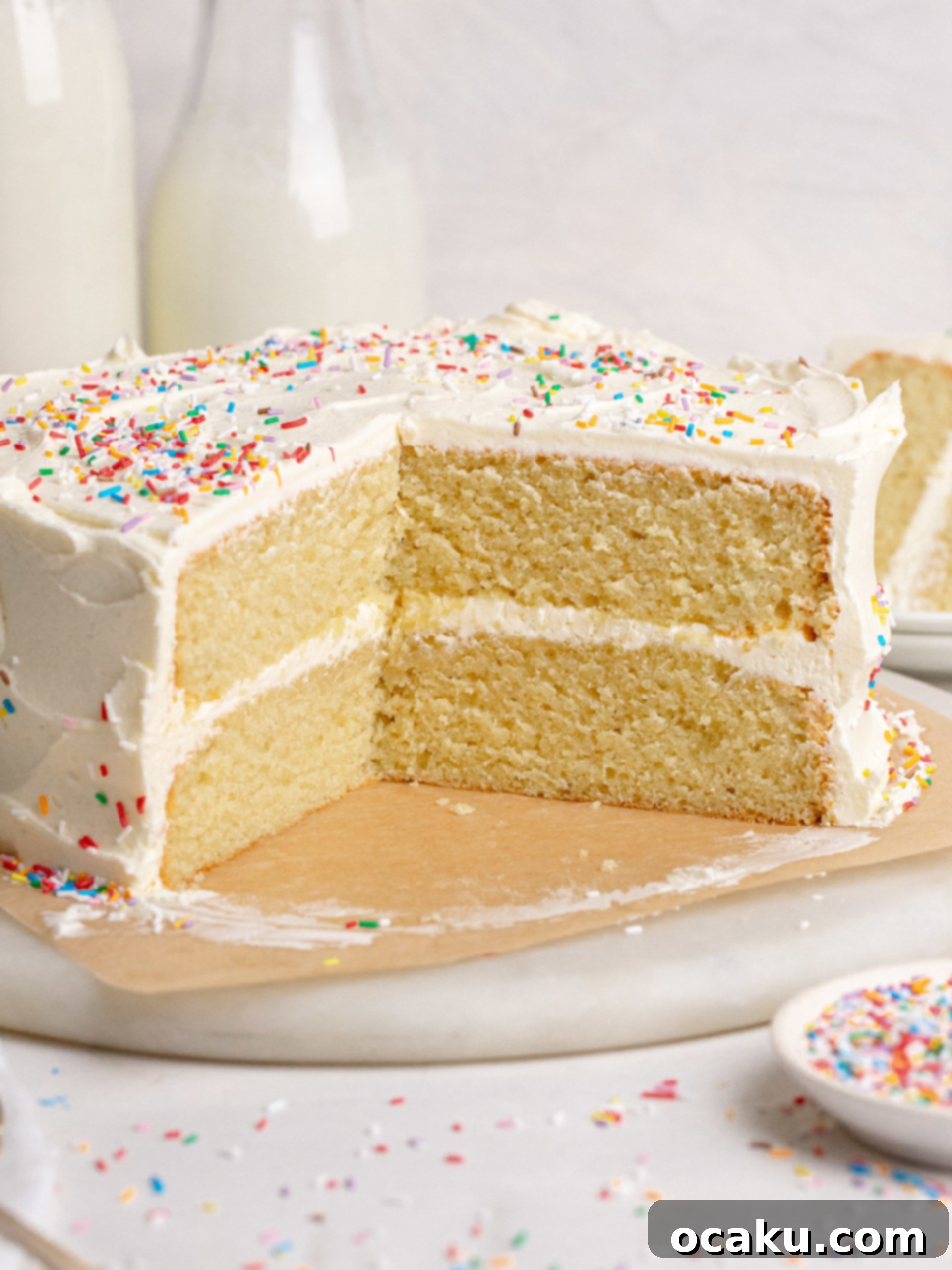 Two layers of vanilla cake, one frosted with vanilla buttercream.