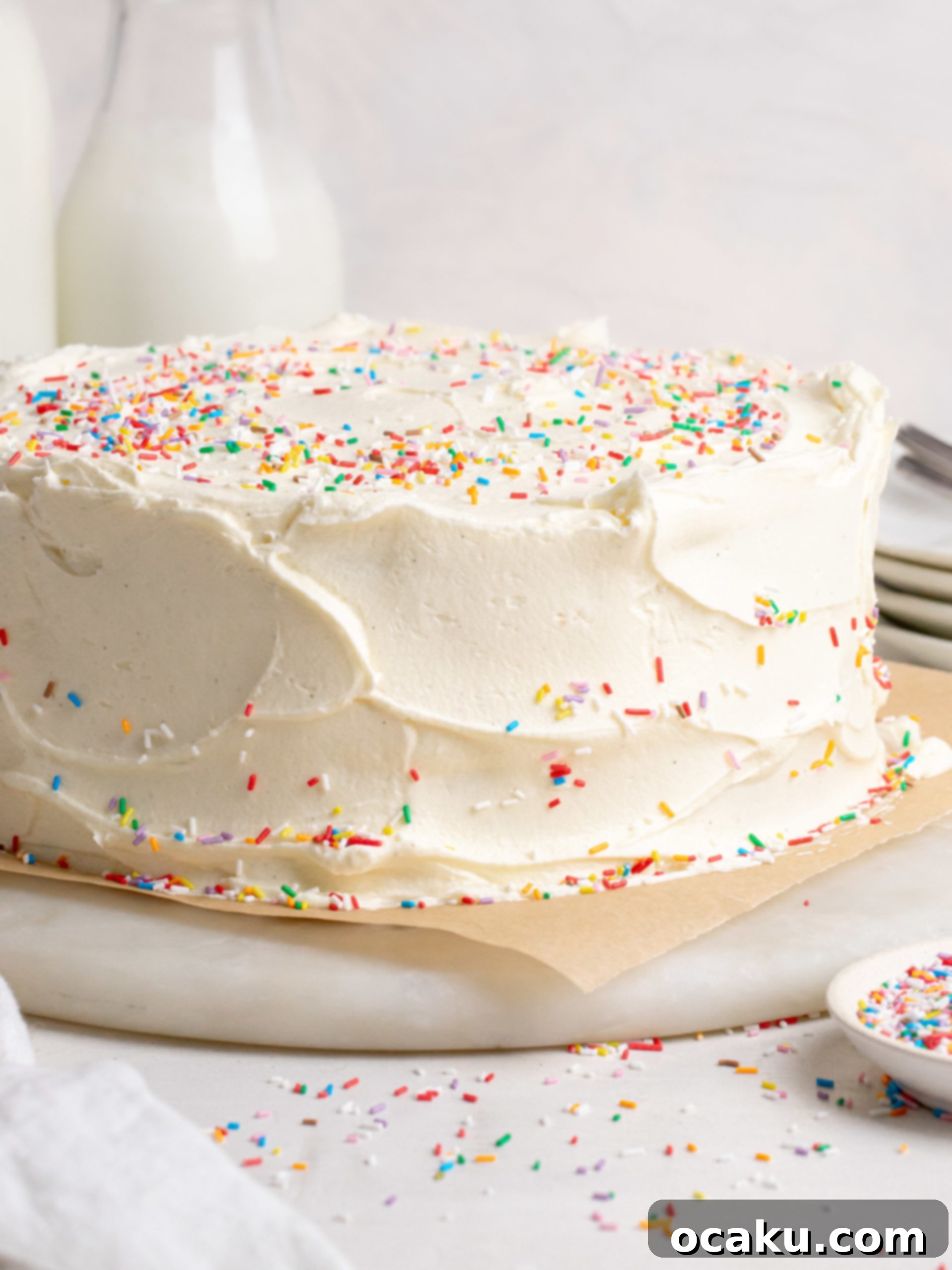 A classic vanilla birthday cake being frosted with vanilla buttercream.