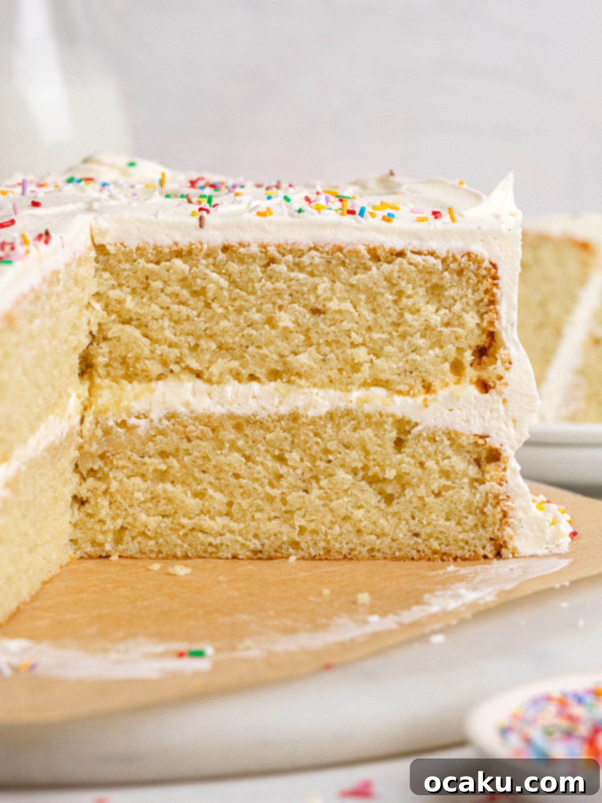 A slice of classic vanilla birthday cake on a white plate, showing moist layers and buttercream.