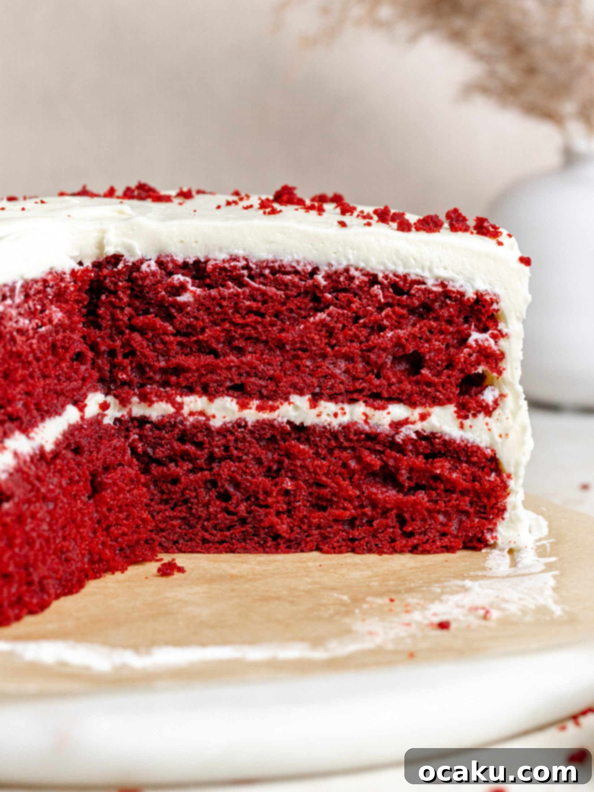 The Ultimate Red Velvet Cake 2 A beautifully decorated Red Velvet Cake, sliced to show its moist red layers and thick cream cheese frosting.