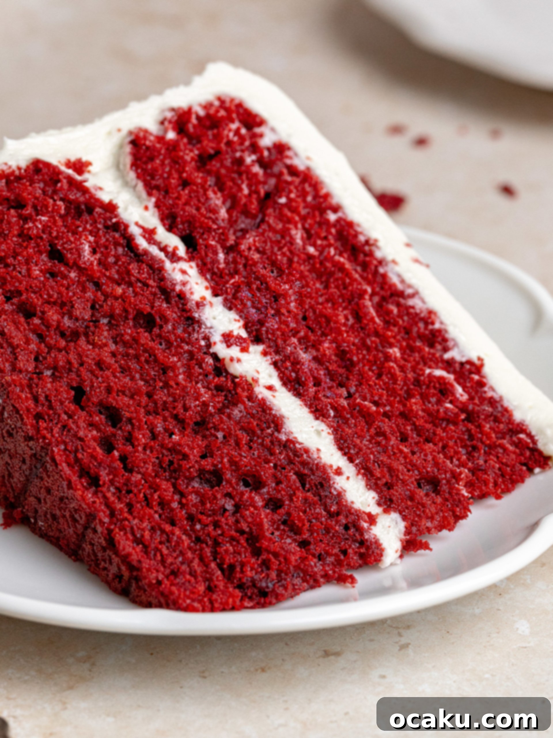 Aperol Spritz Cheesecake A close-up of a Red Velvet Cake slice, showing the moist red cake and white cream cheese frosting layers.