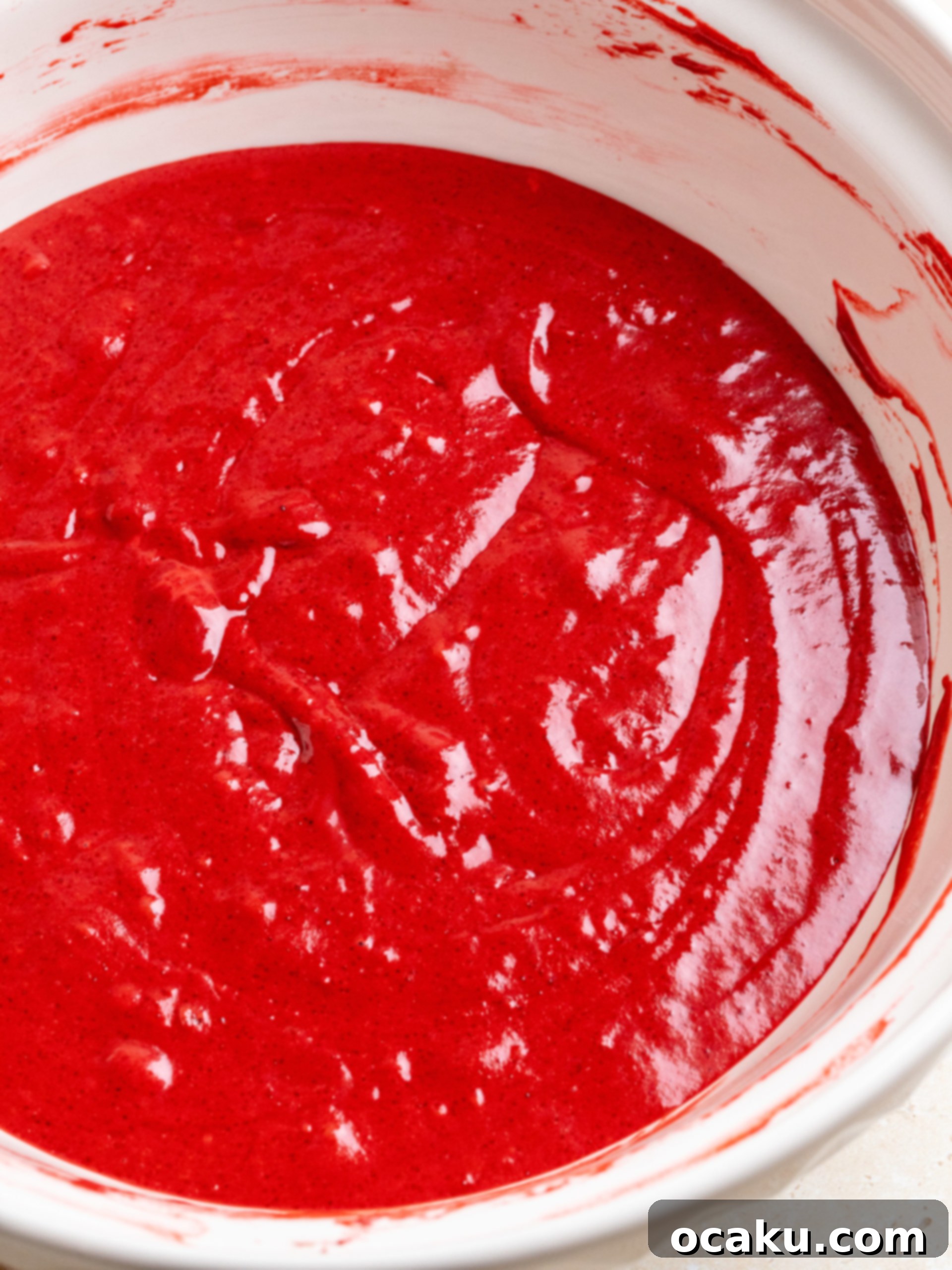 The Ultimate Red Velvet Cake 5 Step-by-step image of pouring Red Velvet Cake batter into prepared pans.