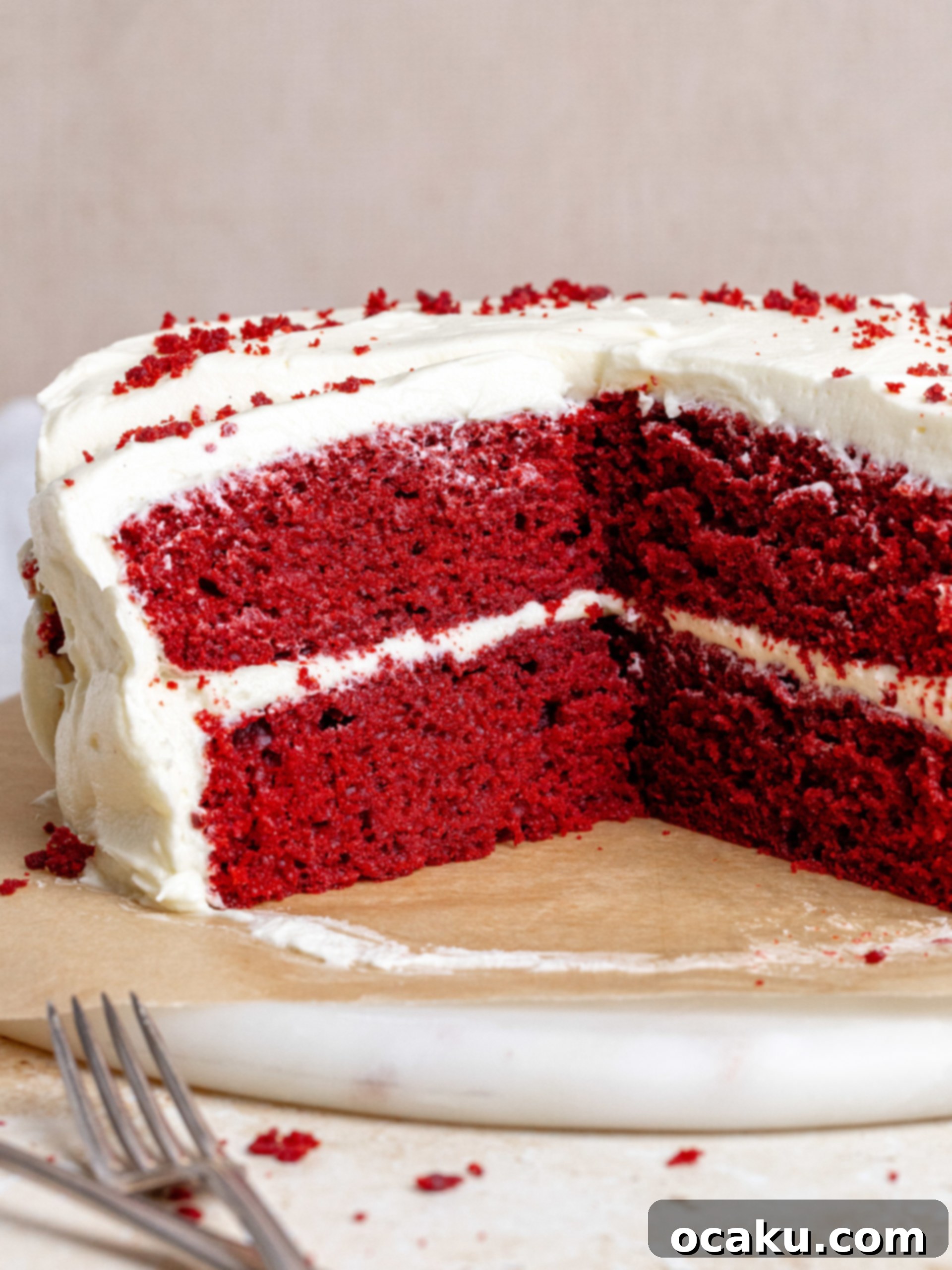 The Ultimate Red Velvet Cake 8 A whole Red Velvet Cake on a cake stand, ready to be served.