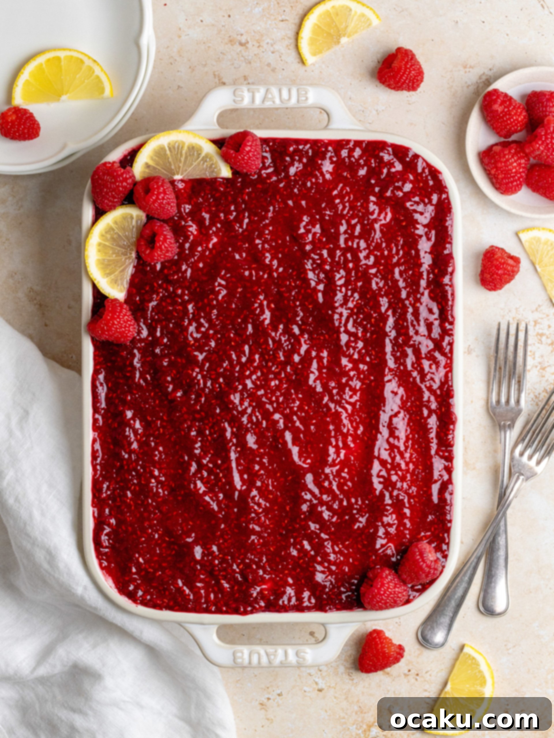 Raspberry Dream Tiramisu 2 A beautifully layered Raspberry Tiramisu dessert, showcasing the vibrant red raspberry jam and white mascarpone cream, topped with fresh raspberries and a sprig of mint.