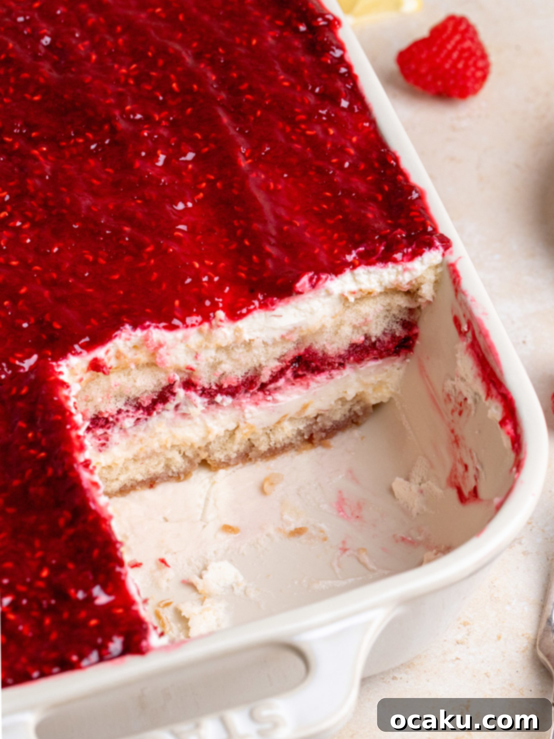 Raspberry Dream Tiramisu 11 A slice of Raspberry Tiramisu served on a white plate, adorned with fresh raspberries, showcasing its beautiful layers.