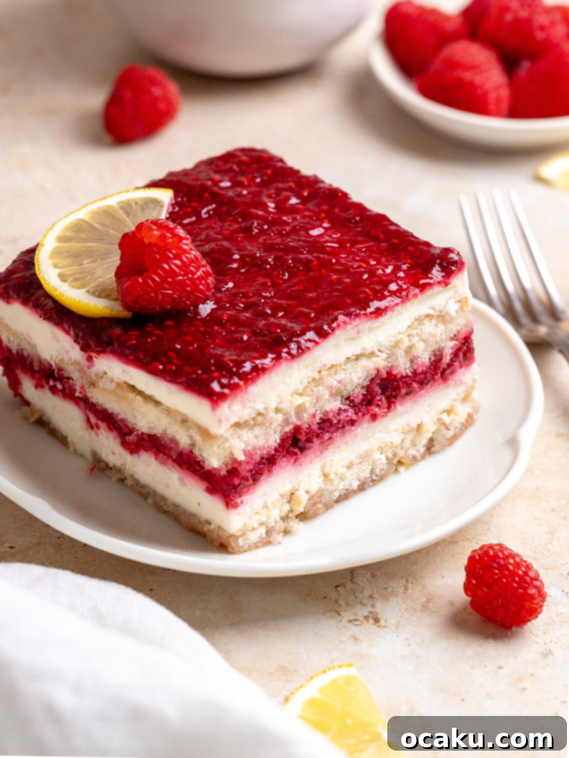 Raspberry Dream Tiramisu 12 A wide shot of a whole Raspberry Tiramisu in a baking dish, beautifully garnished with fresh raspberries and lemon slices, ready to be served.