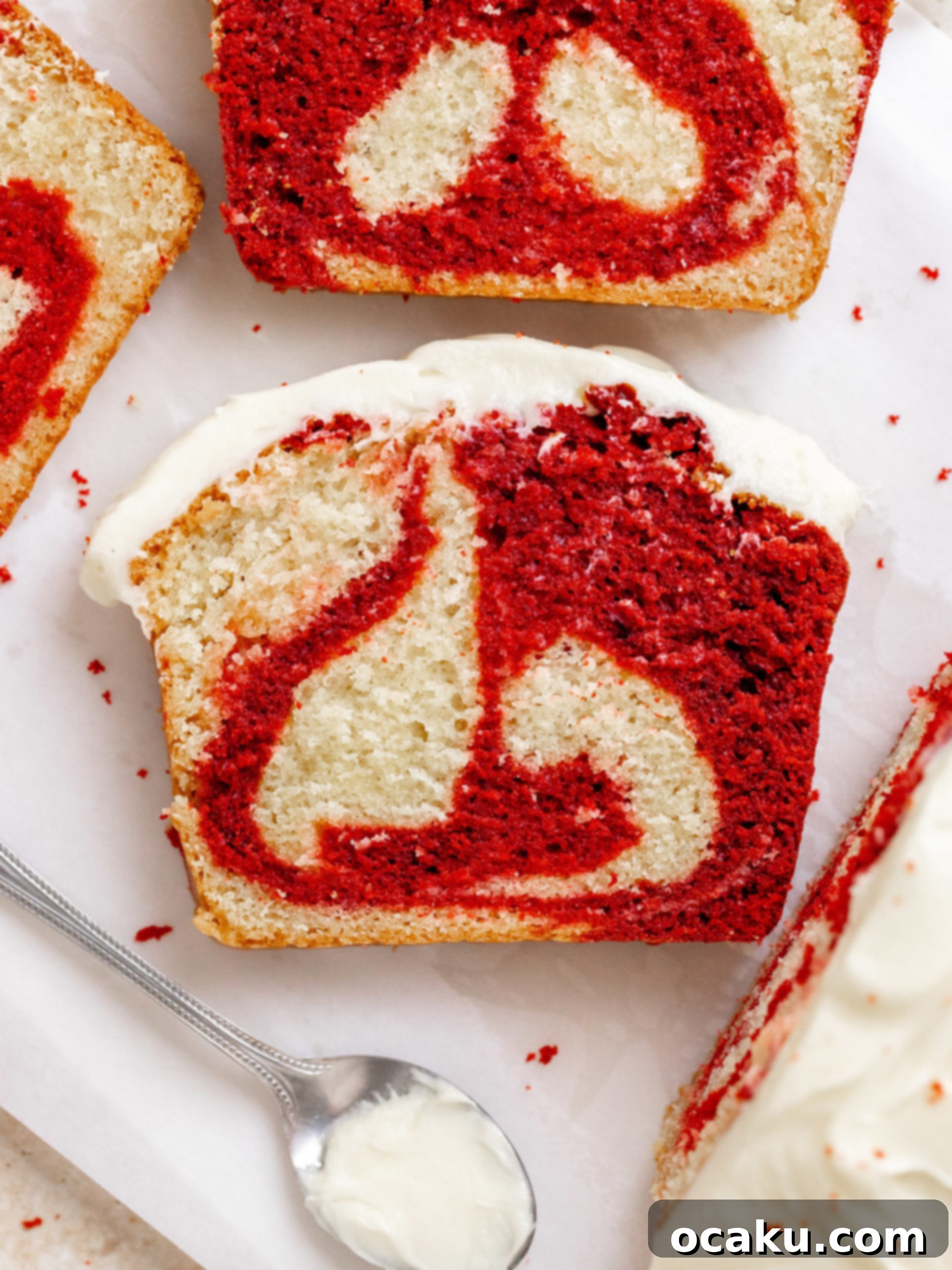 Soft Red Velvet Loaf Cake with a cream cheese frosting swirl