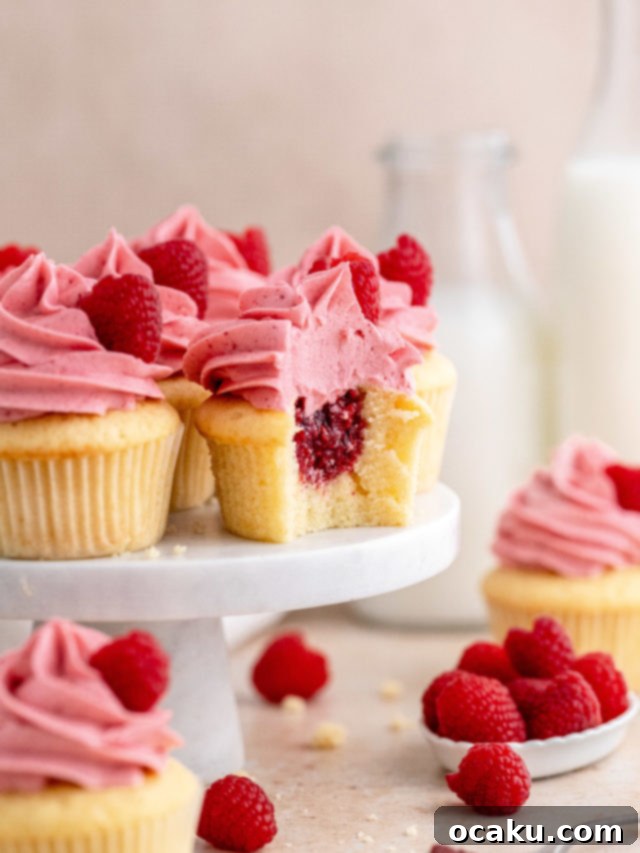 Vanilla cupcakes filled with homemade raspberry jam and raspberry buttercream