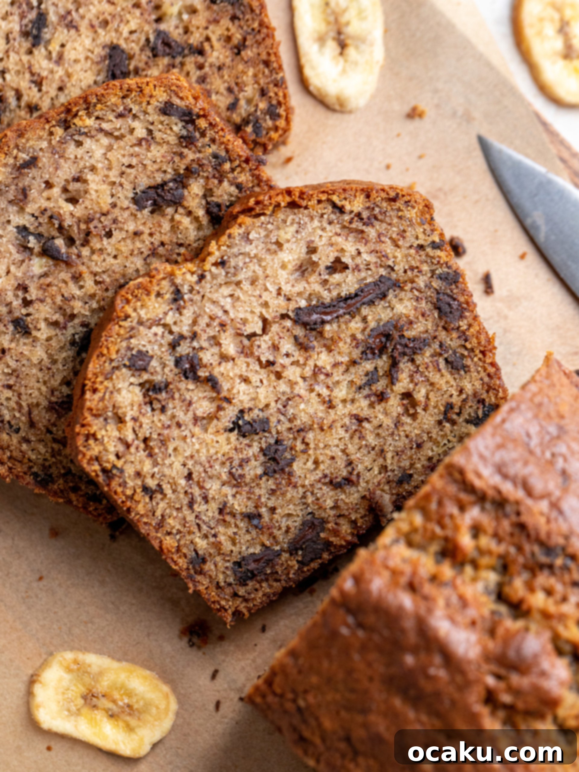 Effortless One-Bowl Banana Bread 2 A delicious slice of moist banana bread with dark chocolate chips, showing a soft crumb.