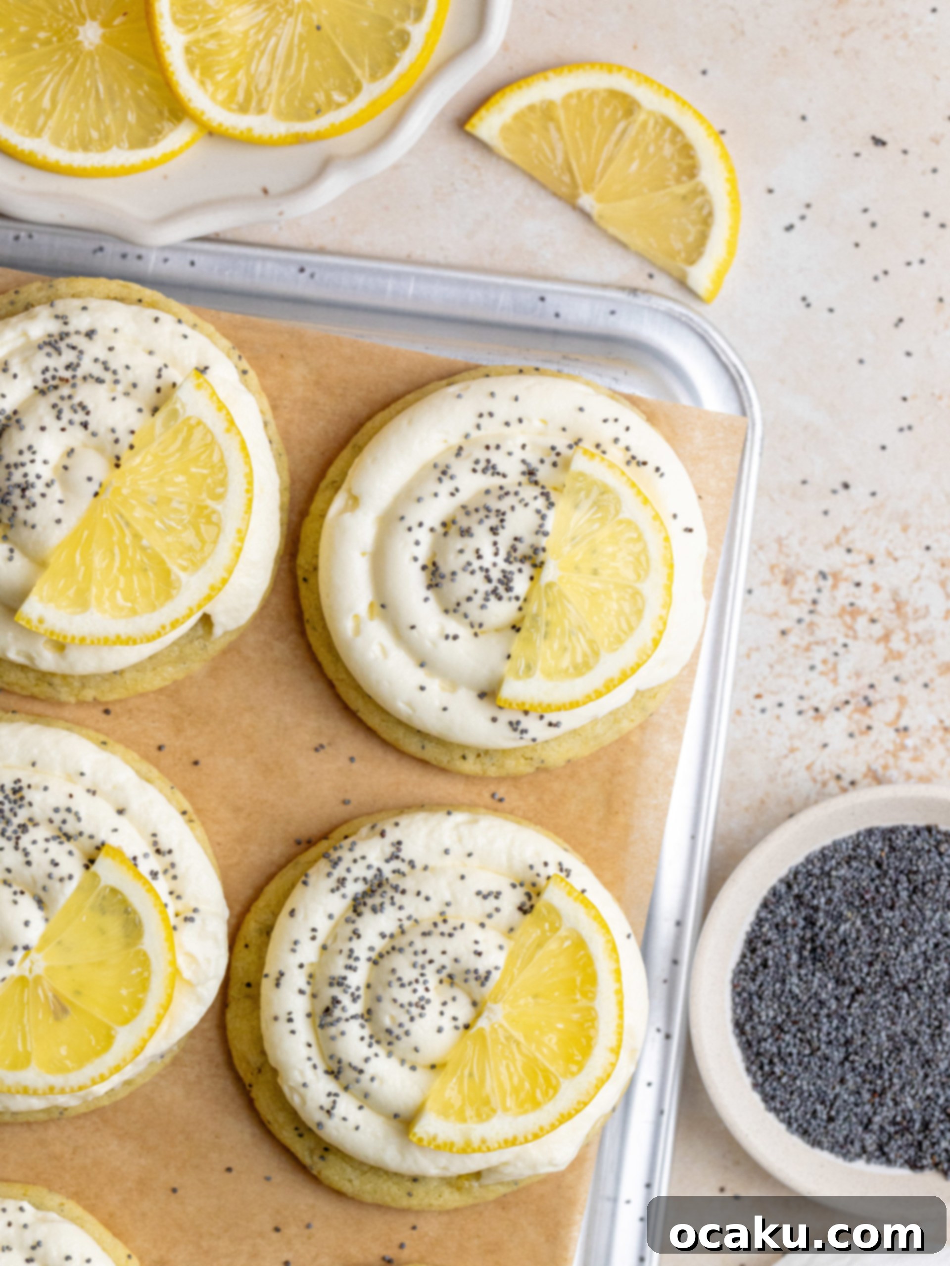 Close-up of a perfectly baked Lemon Poppy Seed Cookie, showing its soft texture and poppy seeds