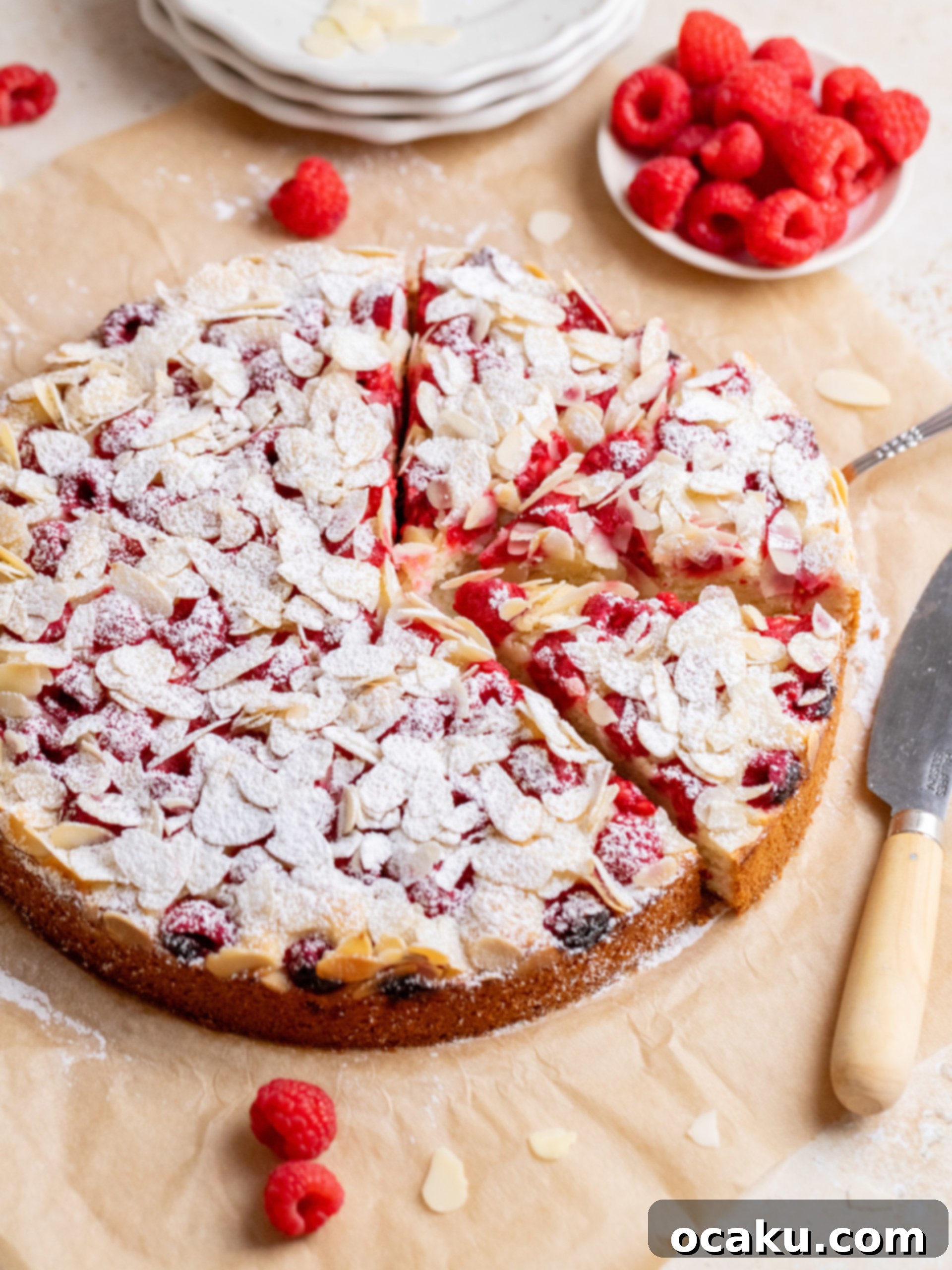 A beautifully baked Raspberry Almond Cake topped with fresh raspberries and almond flakes, ready to be served
