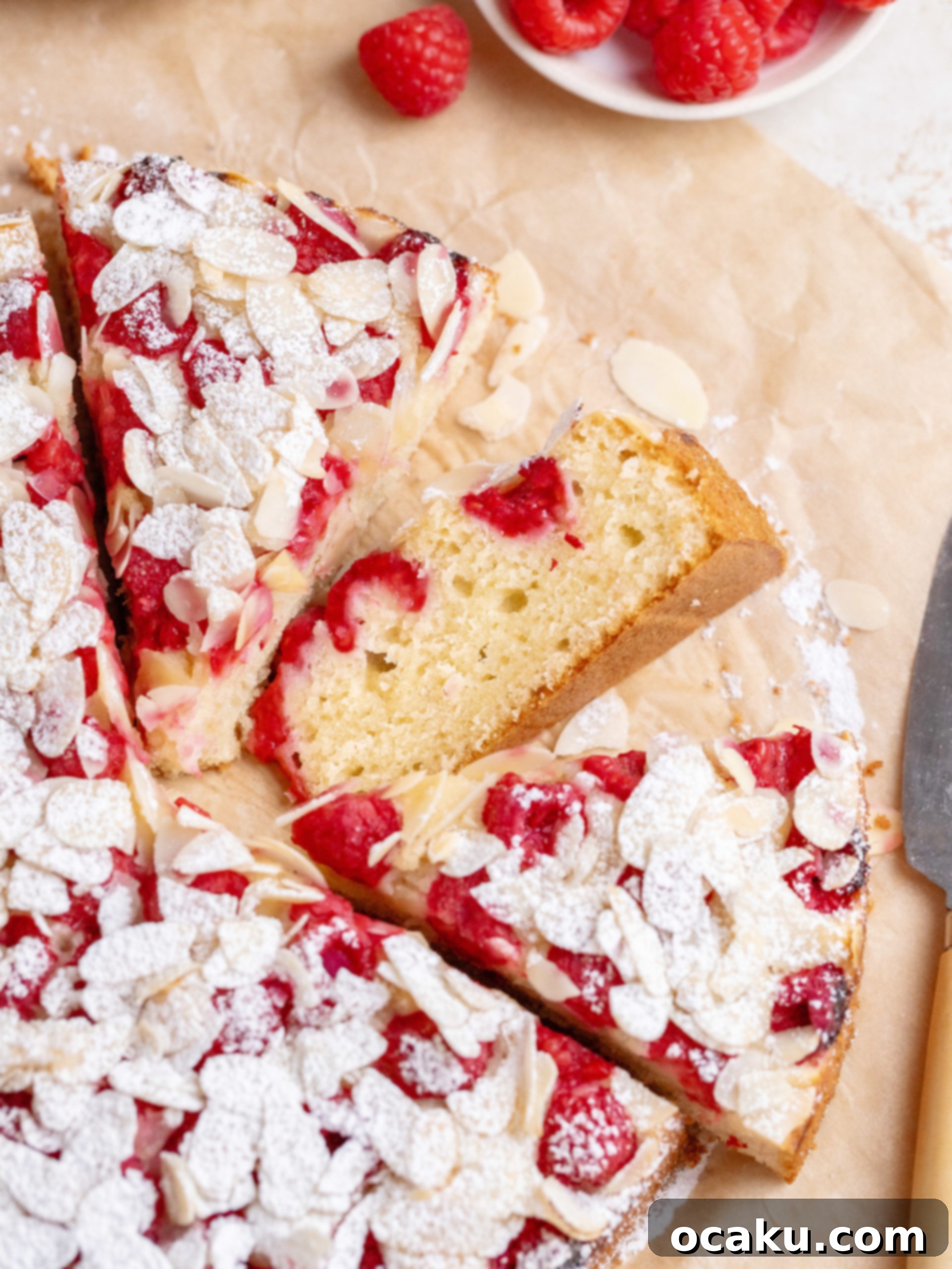 A whole Raspberry Almond Cake on a elegant cake stand, beautifully dusted with powdered sugar, ready for serving