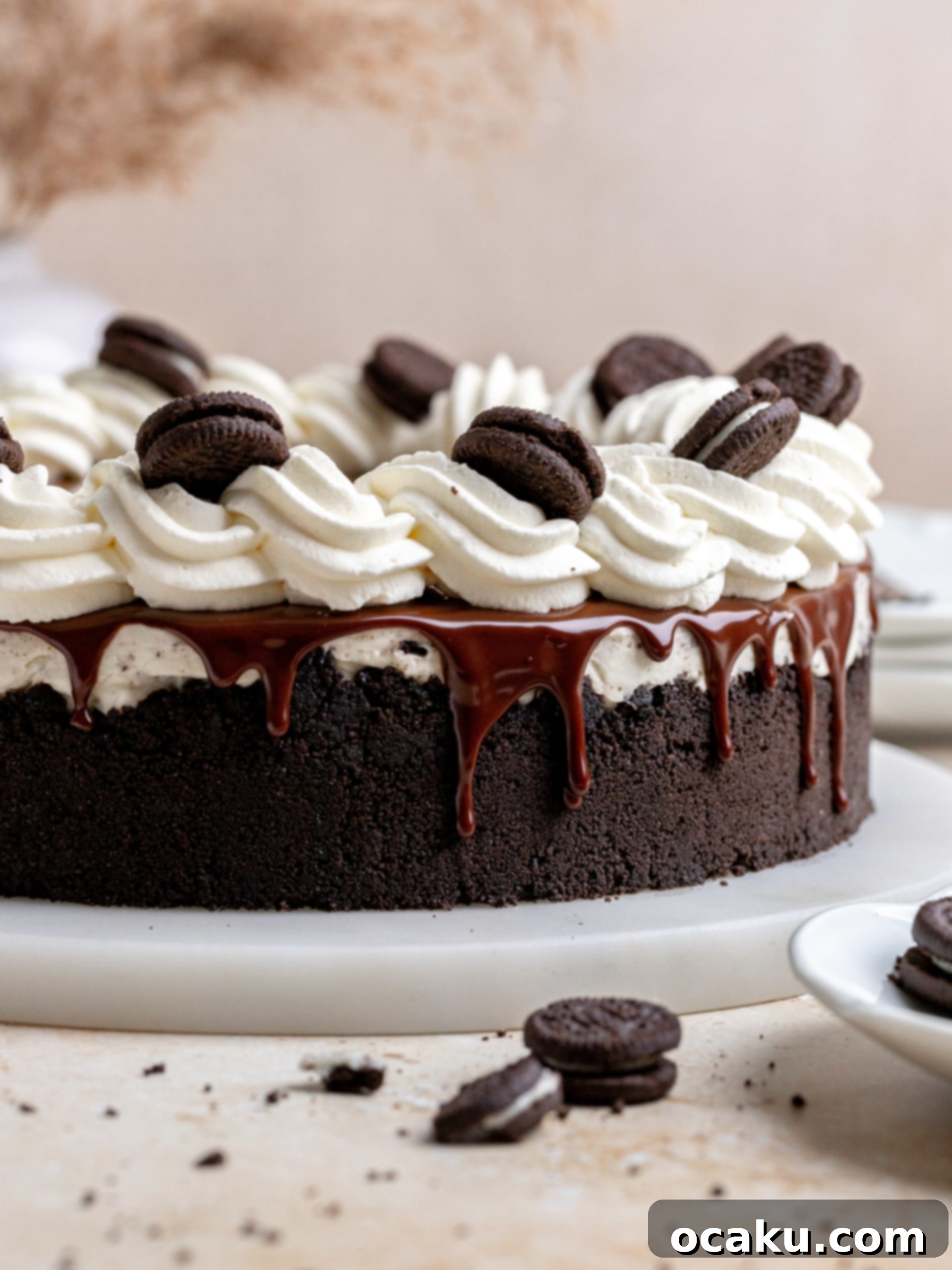 Aperol Spritz Cheesecake Close-up of the creamy No-Bake Oreo Cheesecake filling being smoothed into the Oreo cookie crust in a springform pan.