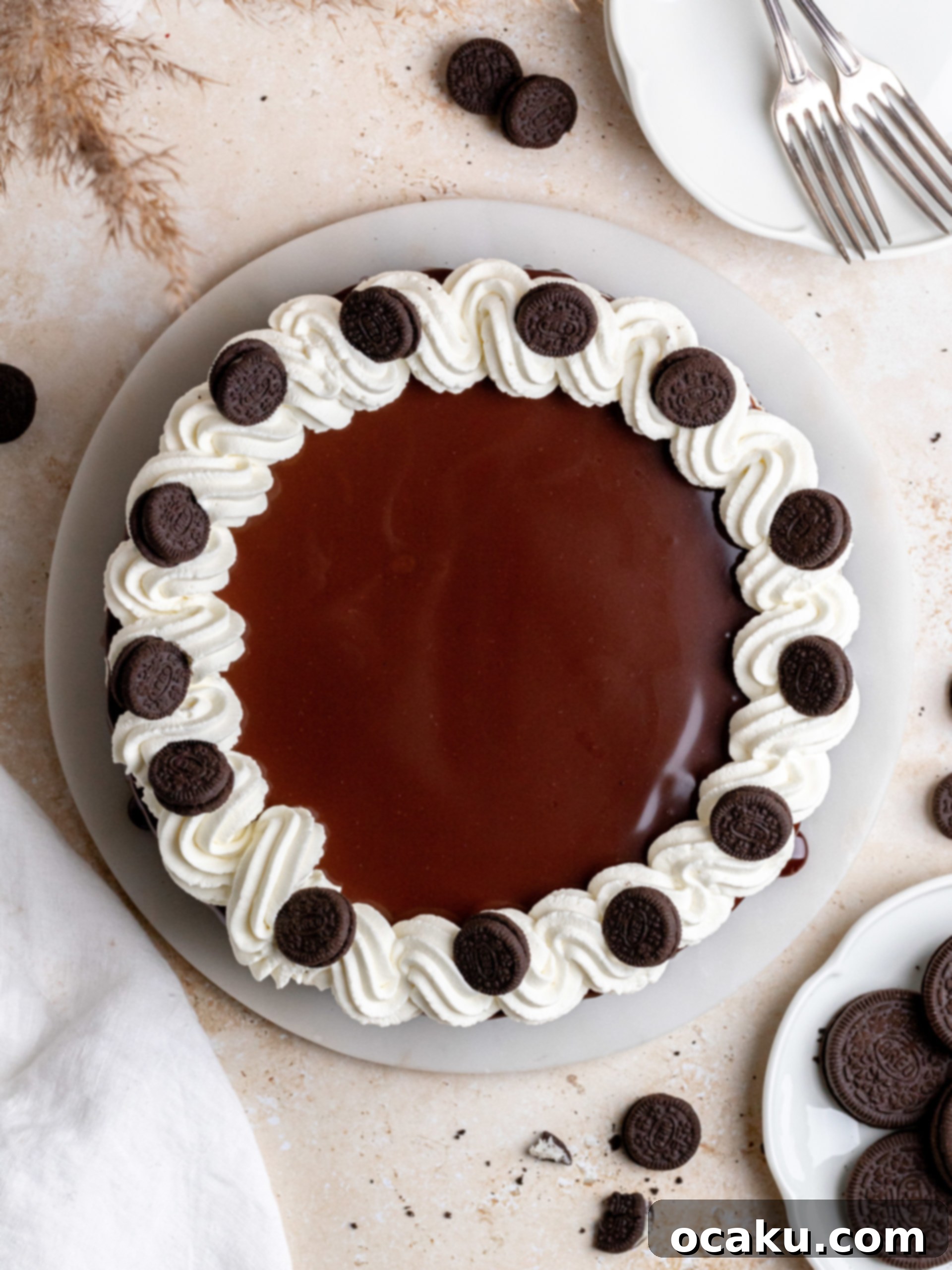 Easy No-Bake Oreo Cheesecake 8 Another angle of the finished No-Bake Oreo Cheesecake with detailed decorations