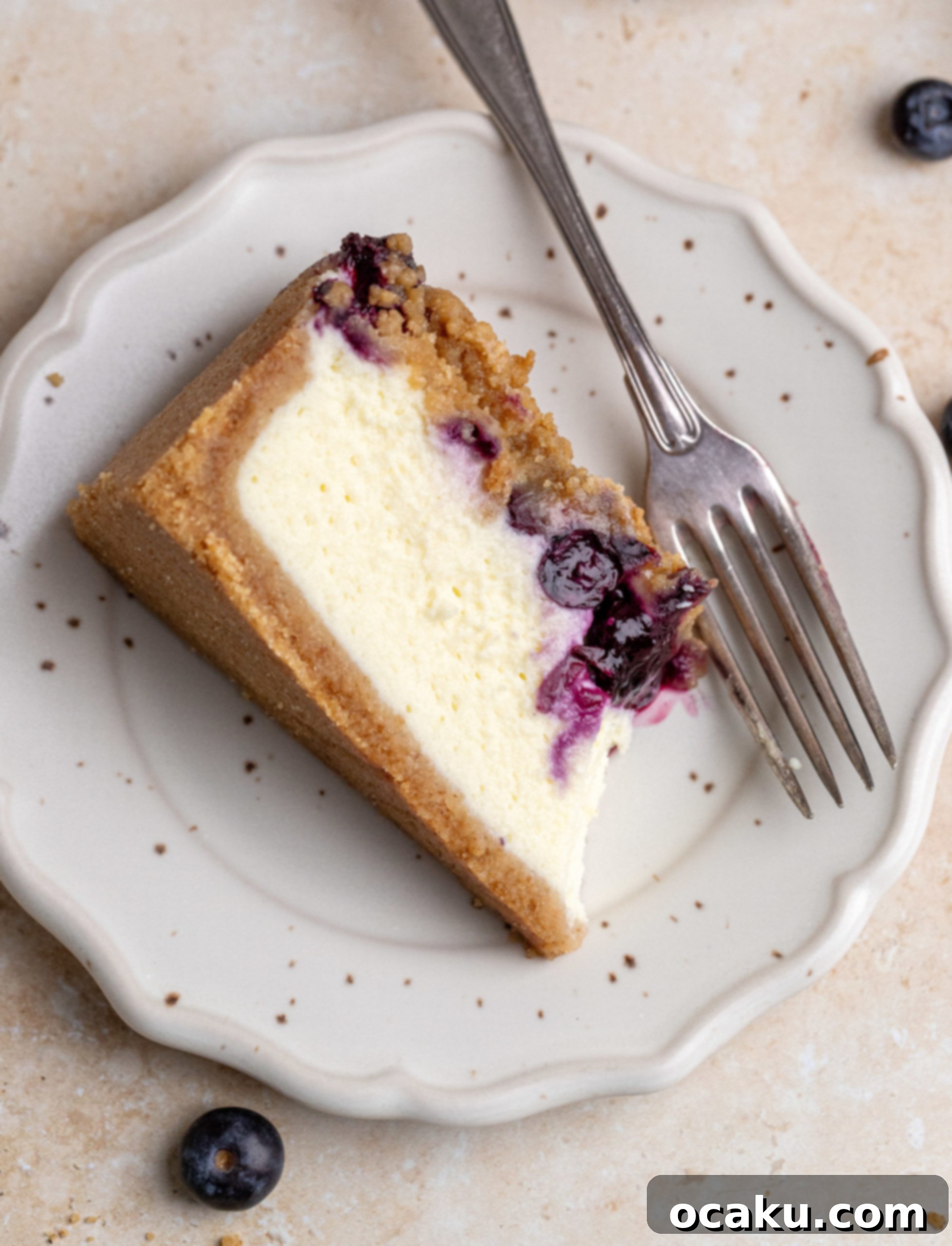 Close-up of blueberry crumble cheesecake layers before baking, showing the crust, cheesecake batter, blueberries, and crumble.