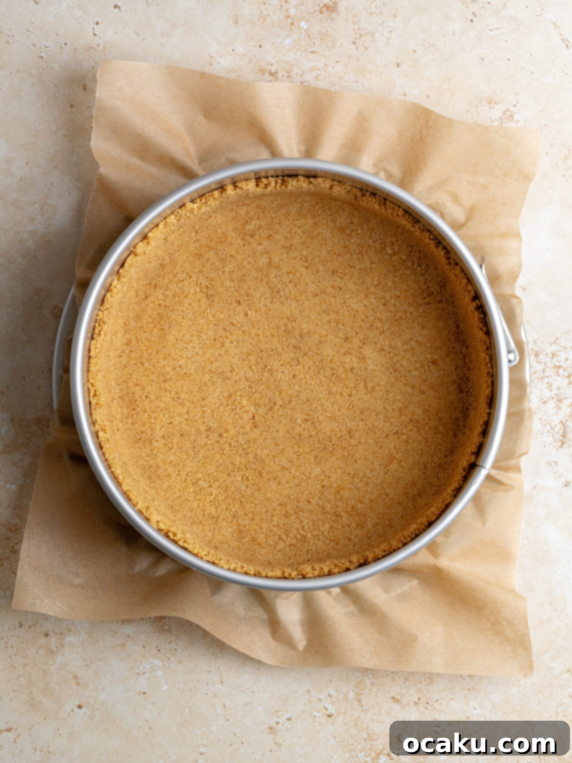 Crushed digestive biscuits and granulated sugar in a food processor, ready to be blended for the crust.