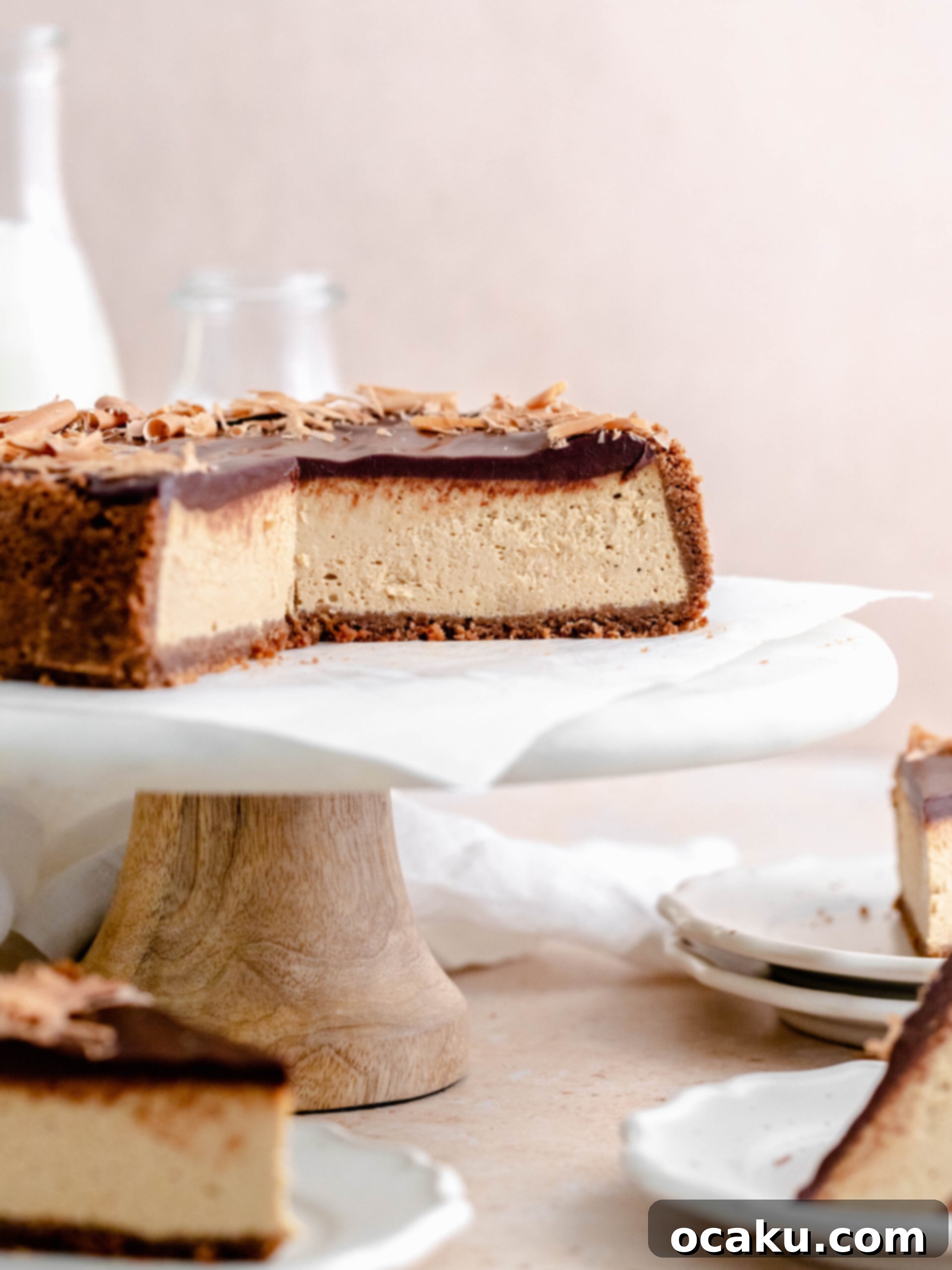 Espresso cheesecake with a cacao cookie crust, and topped with smooth dark chocolate ganache.