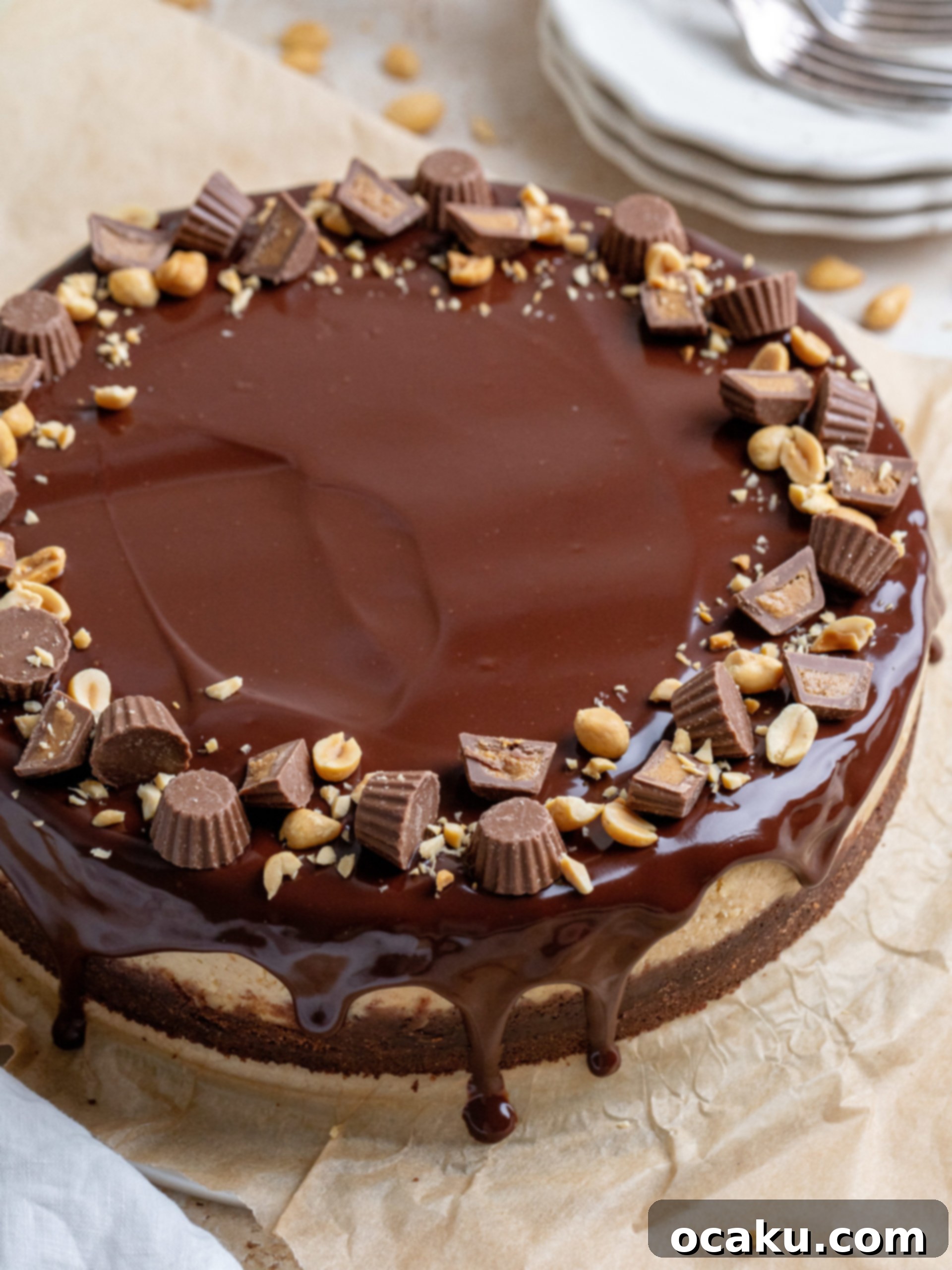 A slice of decadent Peanut Butter Chocolate Cheesecake topped with ganache, mini peanut butter cups, and peanuts on a white plate, showcasing its rich layers.