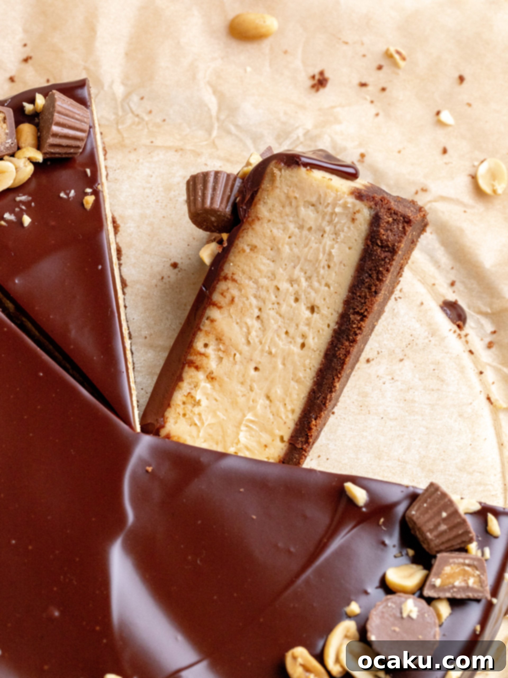 A close-up of a Peanut Butter Chocolate Cheesecake slice, showing the distinct layers of cocoa crust, peanut butter filling, and chocolate ganache, with scattered peanuts.