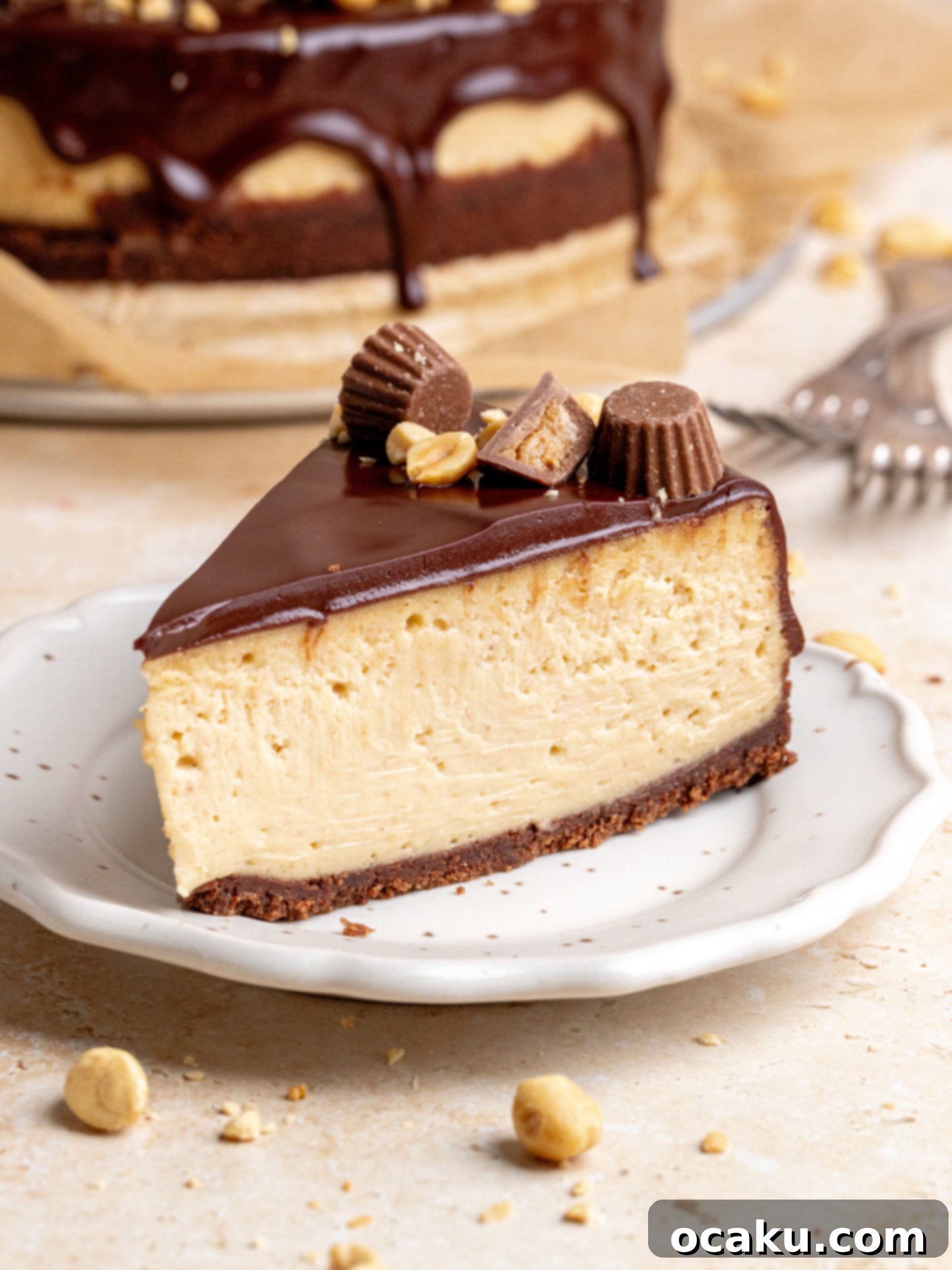 Two creamy Peanut Butter Chocolate Cheesecakes, one whole and one sliced, on a wooden board with a backdrop of baking ingredients.