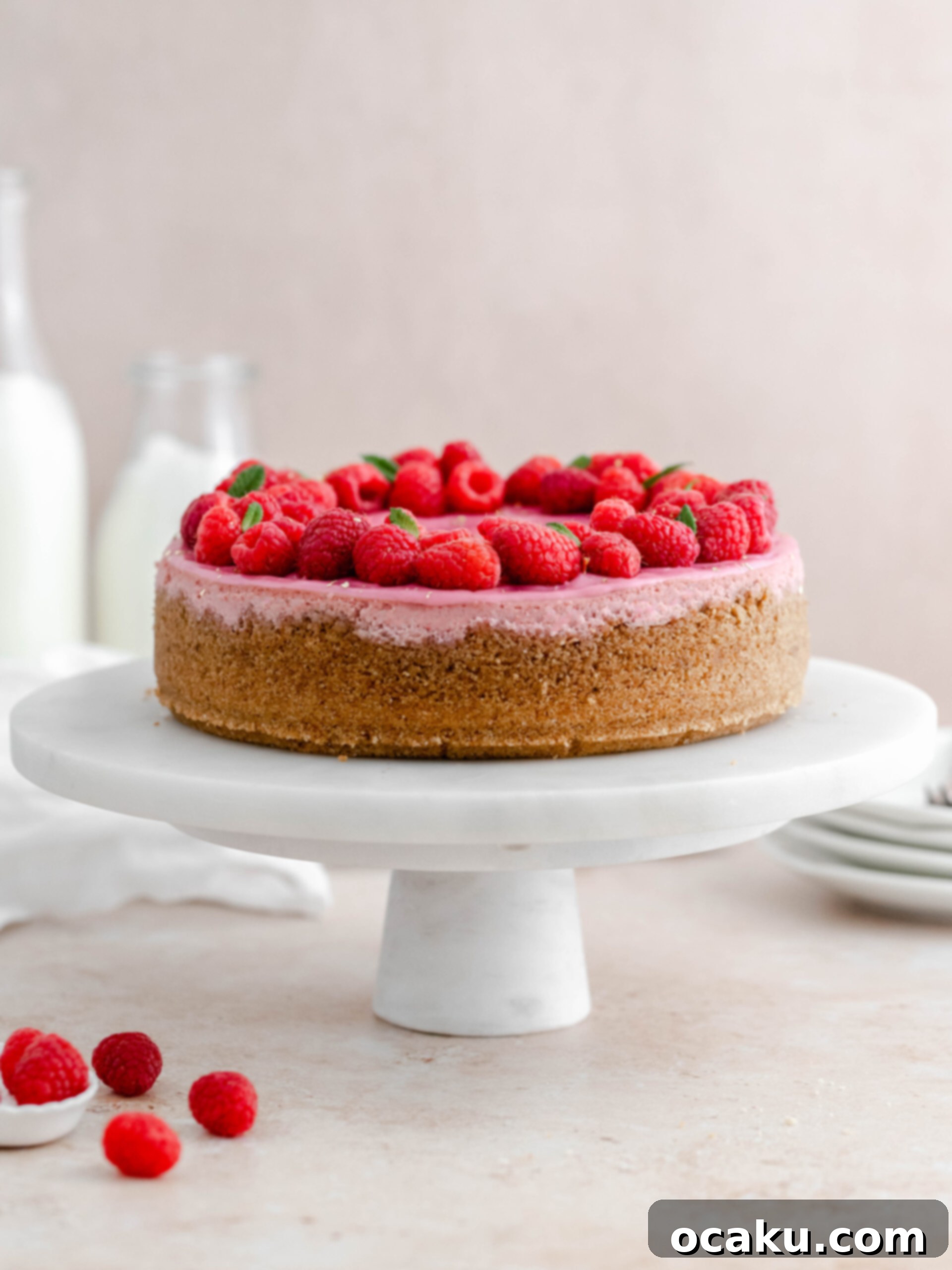 Fresh and creamy Raspberry Cheesecake with vibrant red berries