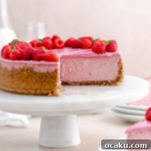 Fresh Raspberry Cheesecake with vibrant red berries and white chocolate ganache