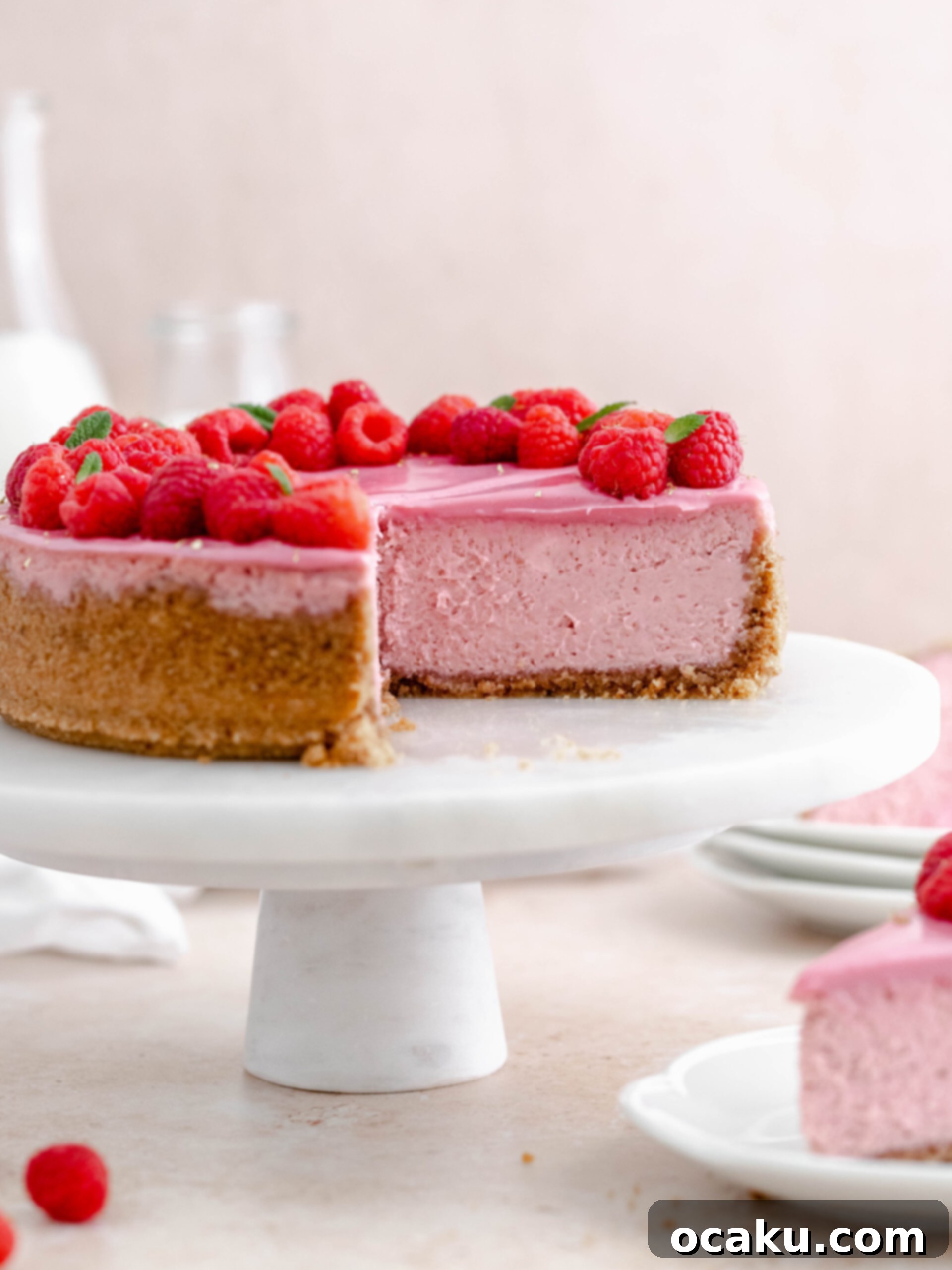 A slice of creamy Raspberry Cheesecake with a white chocolate ganache swirl