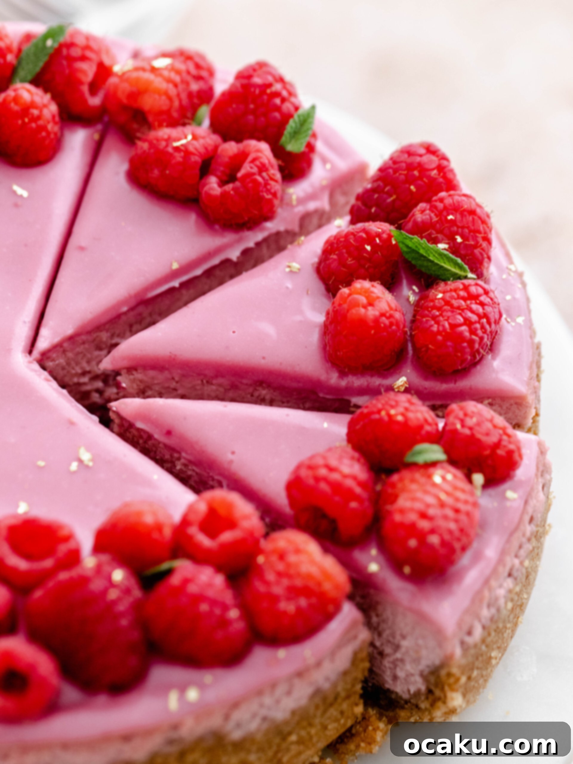Close-up of a perfectly baked and decorated Raspberry Cheesecake slice