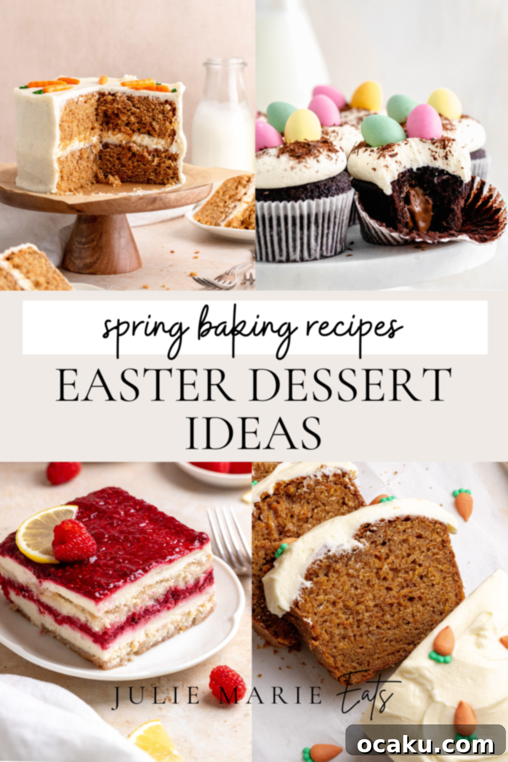 A beautiful spread of various Easter desserts, including cakes, cupcakes, and tarts, perfect for a spring celebration.