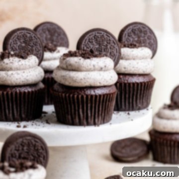 A single Oreo cupcake, beautifully frosted and decorated, ready to be enjoyed.