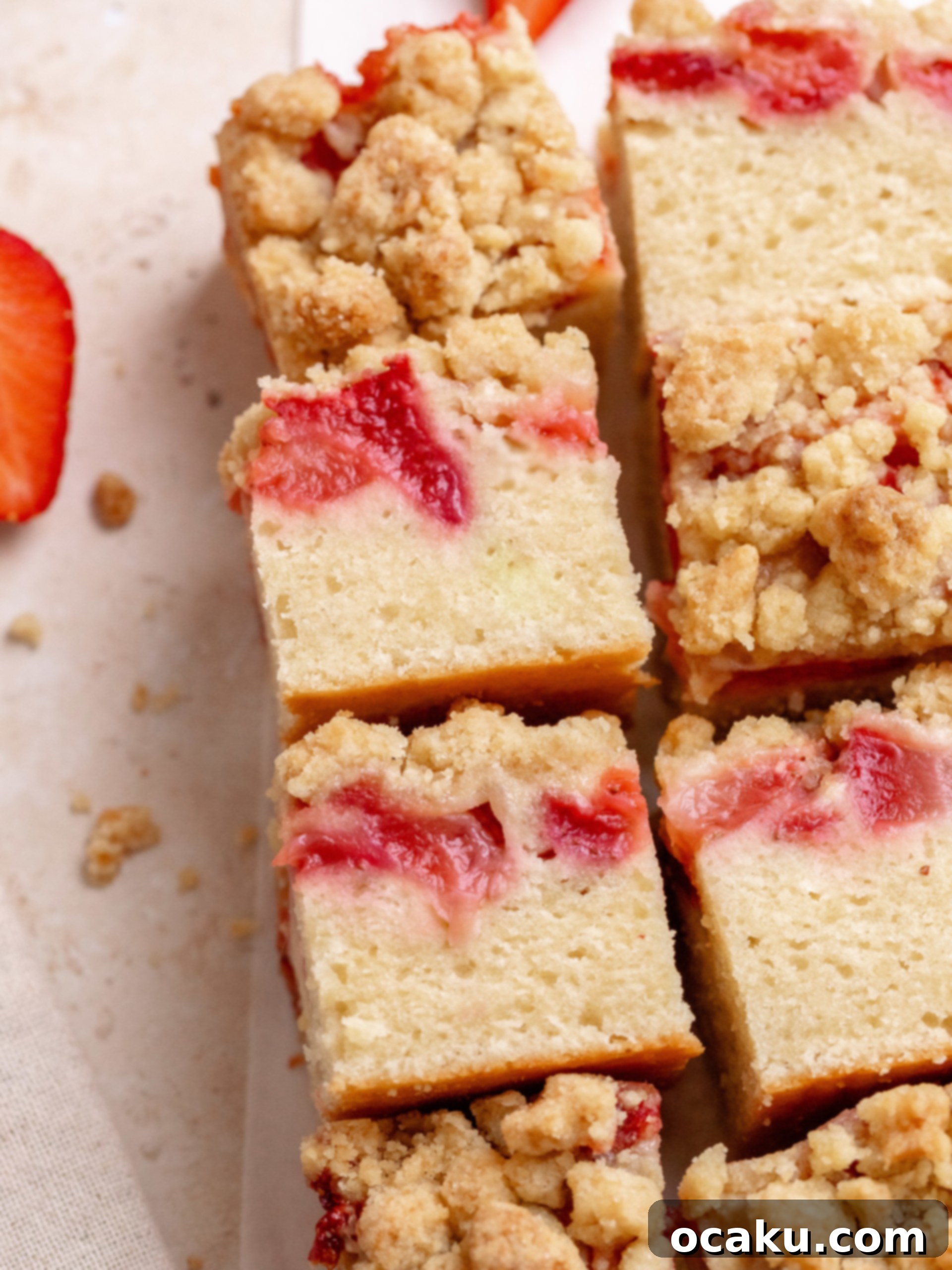 Aperol Spritz Cheesecake Close-up of a strawberry crumble cake showing the golden crumb topping and red strawberries.
