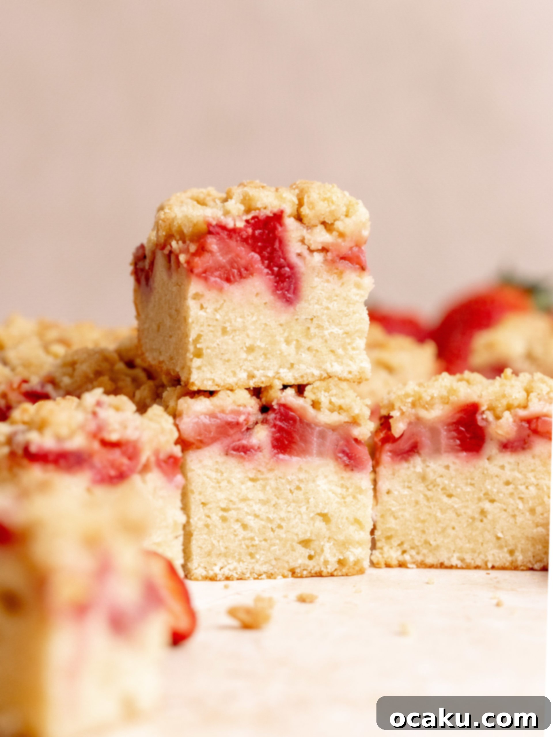 Strawberry Streusel Cake 9 A slice of strawberry crumble cake with a fork, showing the moist layers.