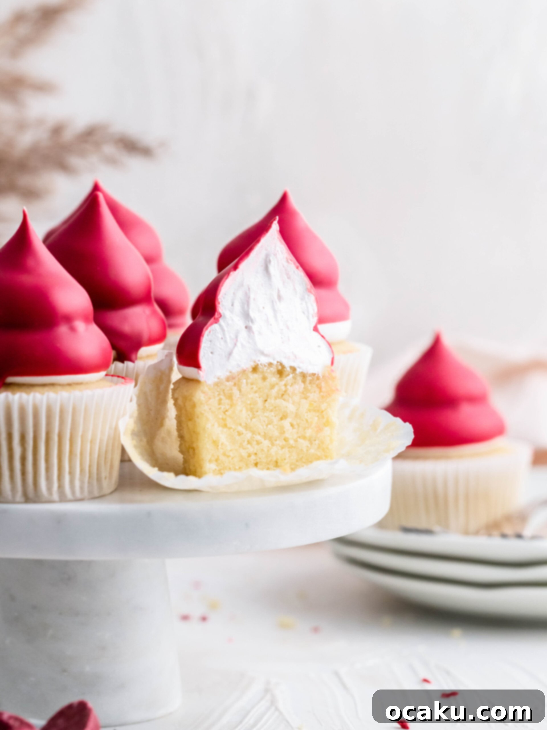 A close-up shot of a Raspberry Cream Puff Cupcake, highlighting the texture of the marshmallow and chocolate.