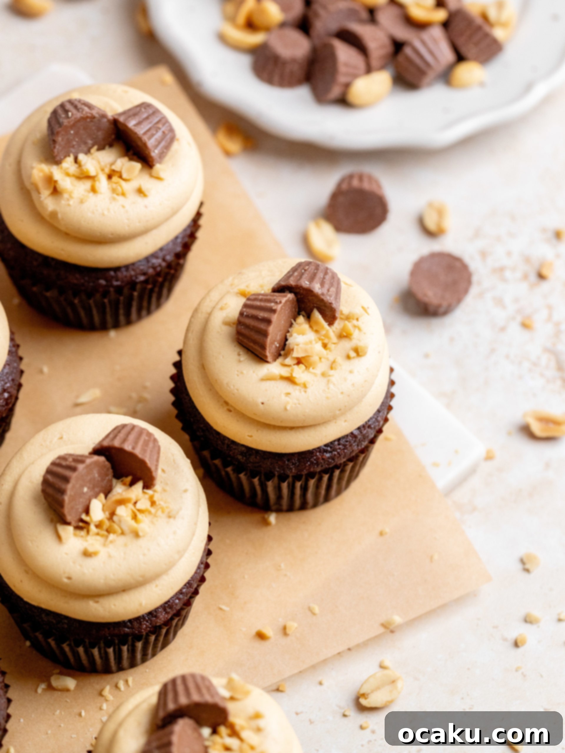 Finished Peanut Butter Chocolate Cupcake with piped frosting and decorations.