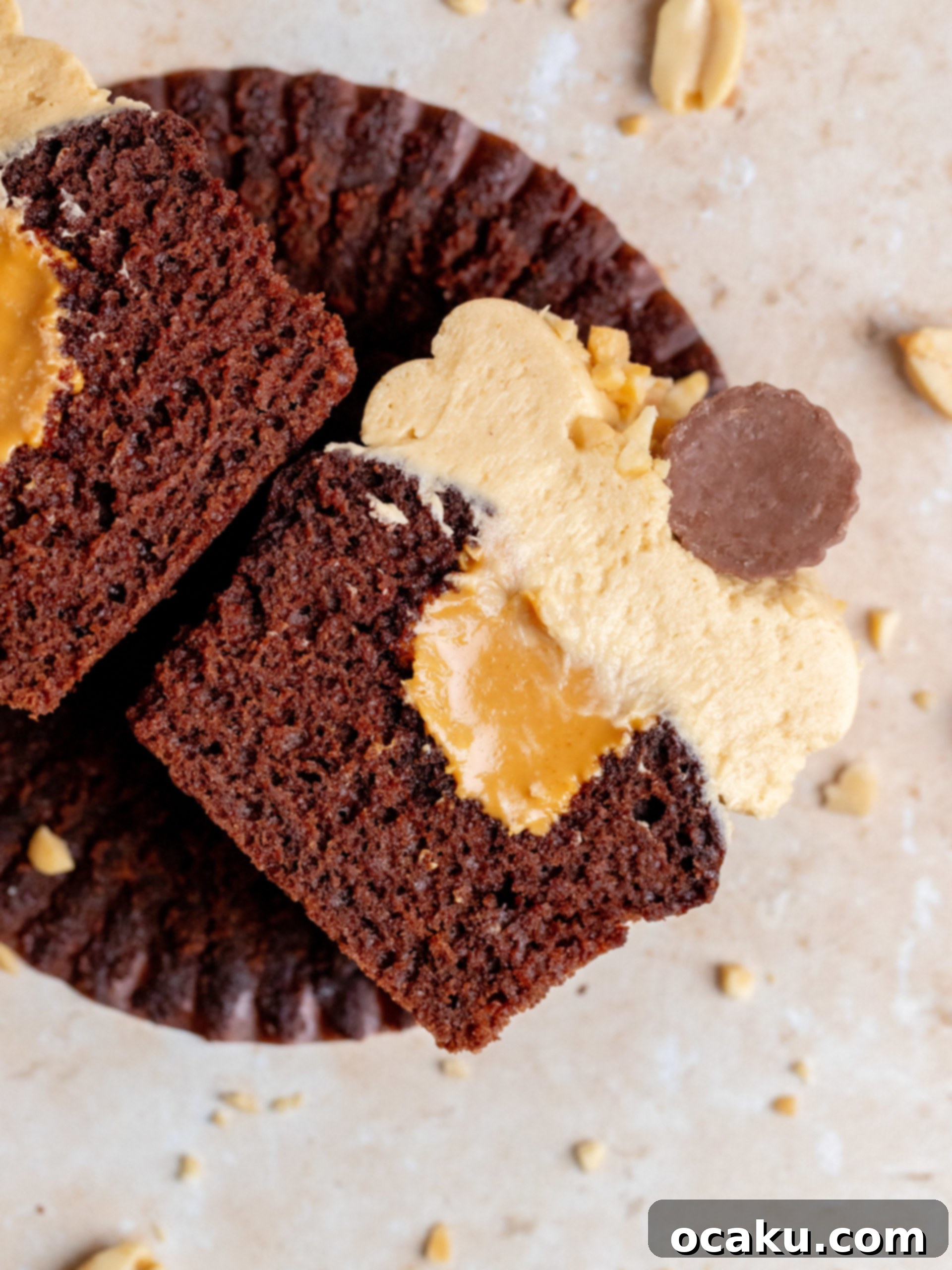 A tray of beautifully arranged Peanut Butter Chocolate Cupcakes, ready for serving.